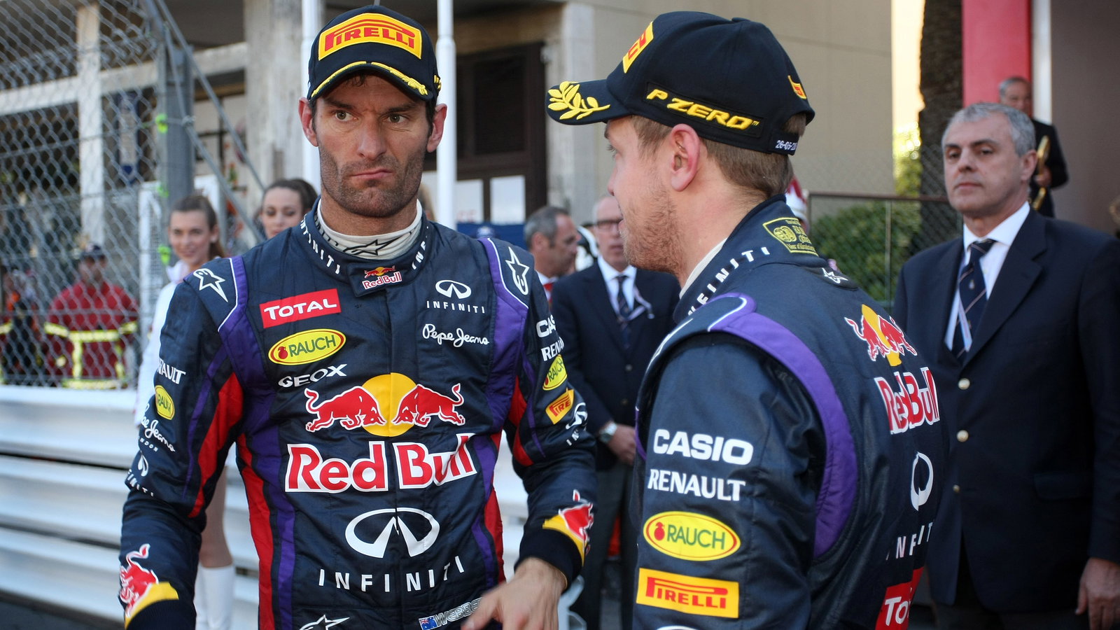 26.05.2013- Race, Mark Webber (AUS) Red Bull Racing RB9 and Sebastian Vettel (GER) Red Bull Racing R