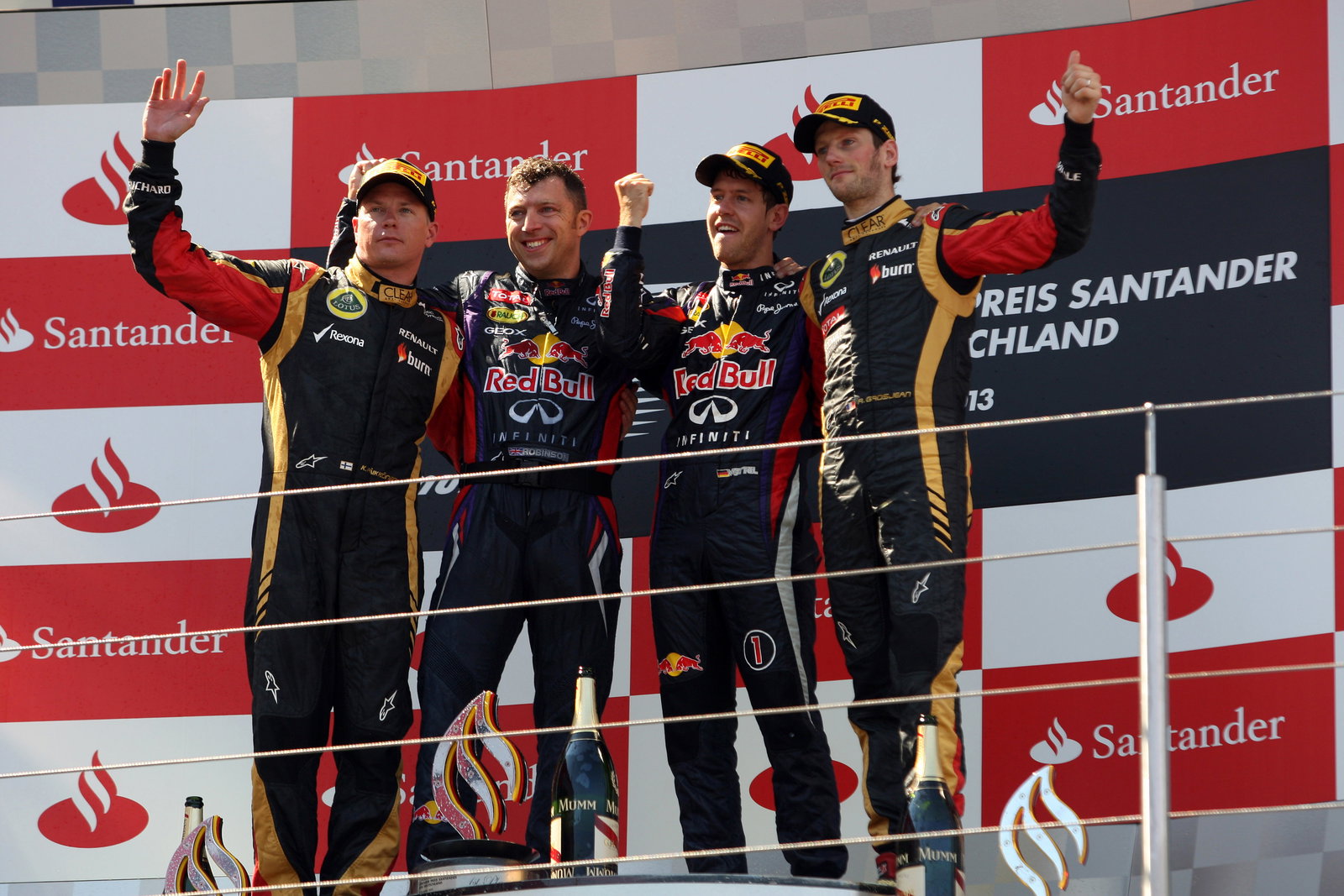 07.07.2013- Race, Sebastian Vettel (GER) Red Bull Racing RB9 race winner, 2nd position Kimi Raikkon
