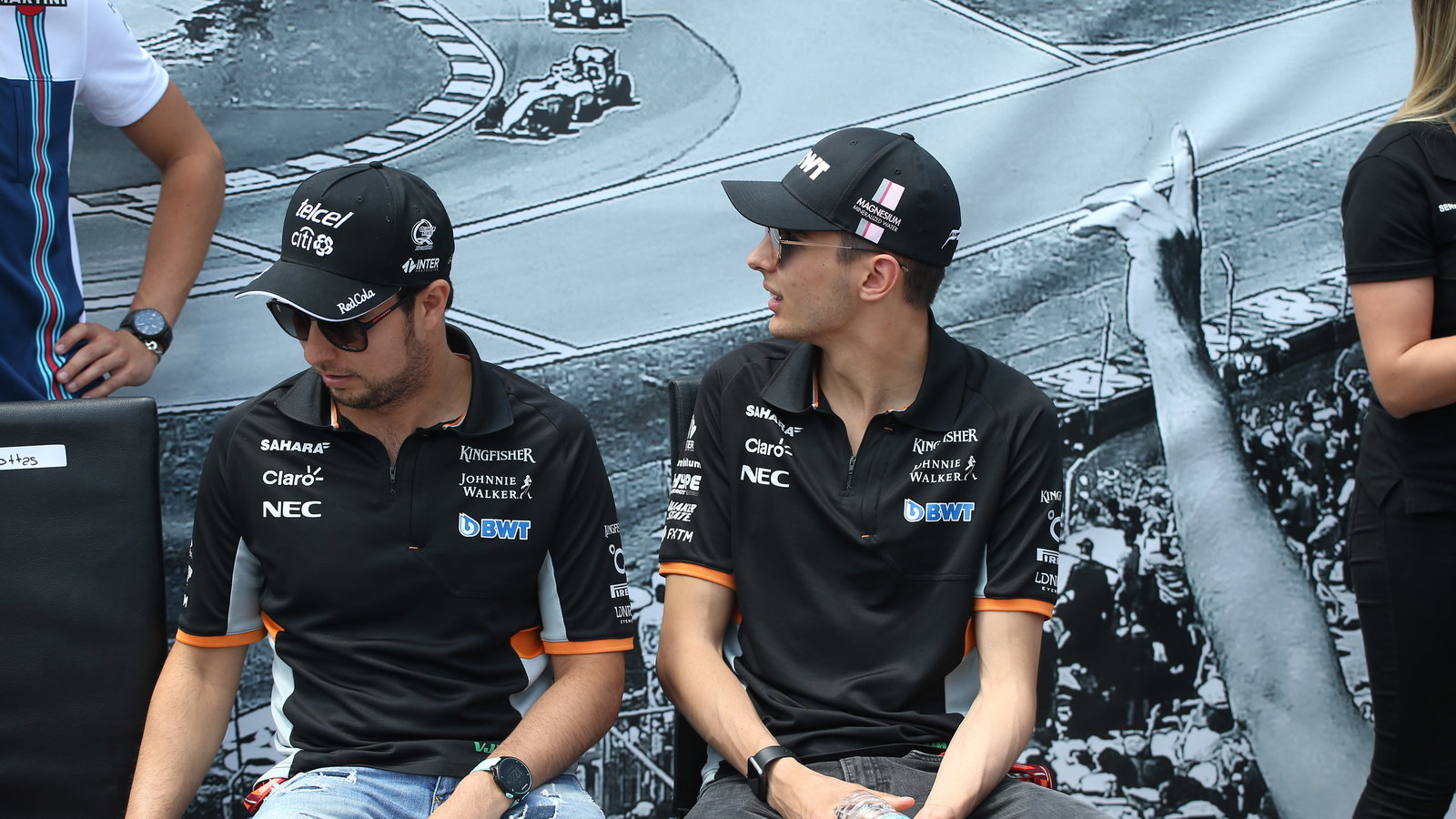 11.06.2017- Sergio Perez (MEX) Sahara Force India F1 VJM010 and Esteban Ocon (FRA) Sahara Force Indi