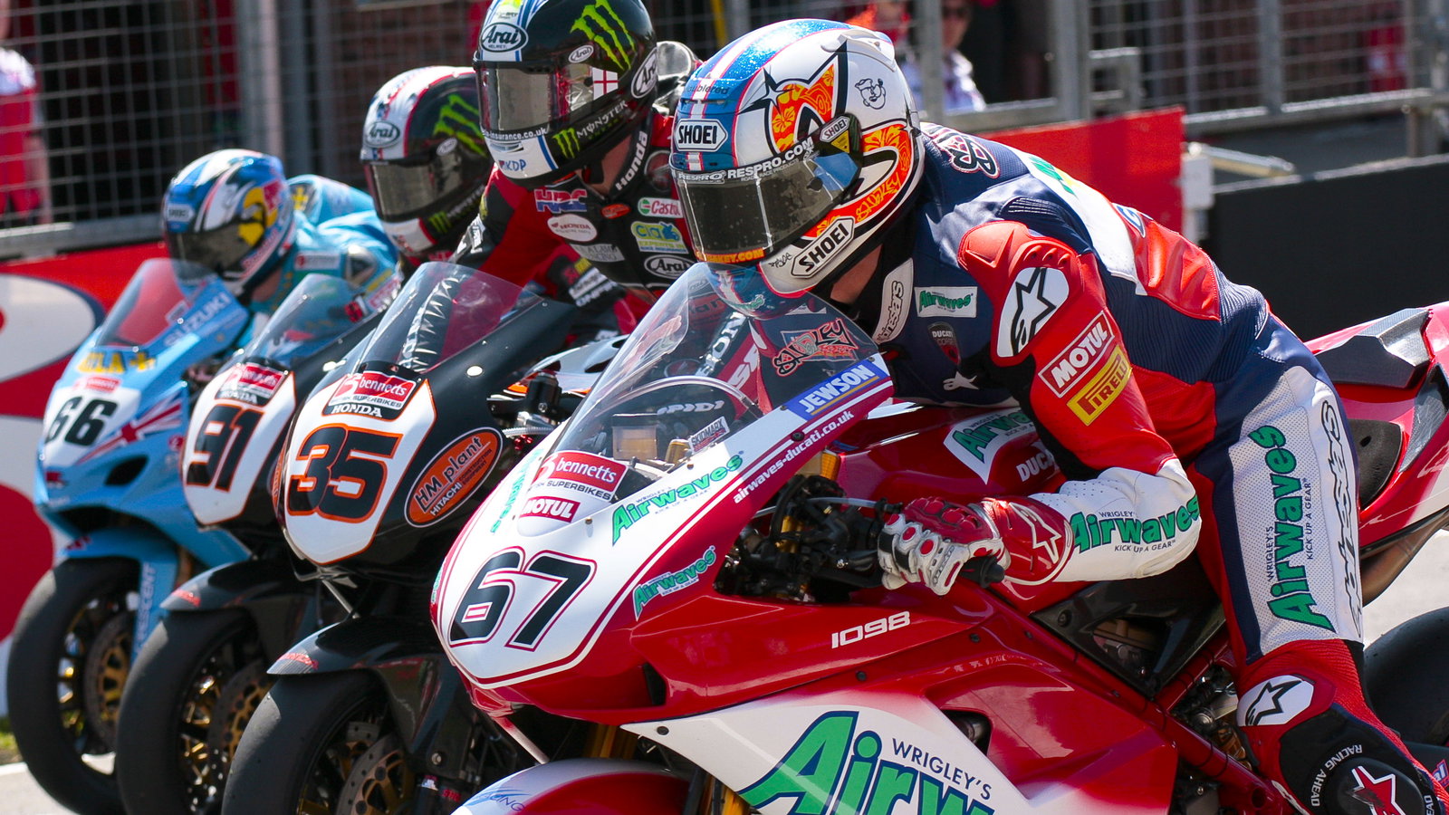 Byrne, Crutchlow, Haslam, Sykes, Front row. Race 1.