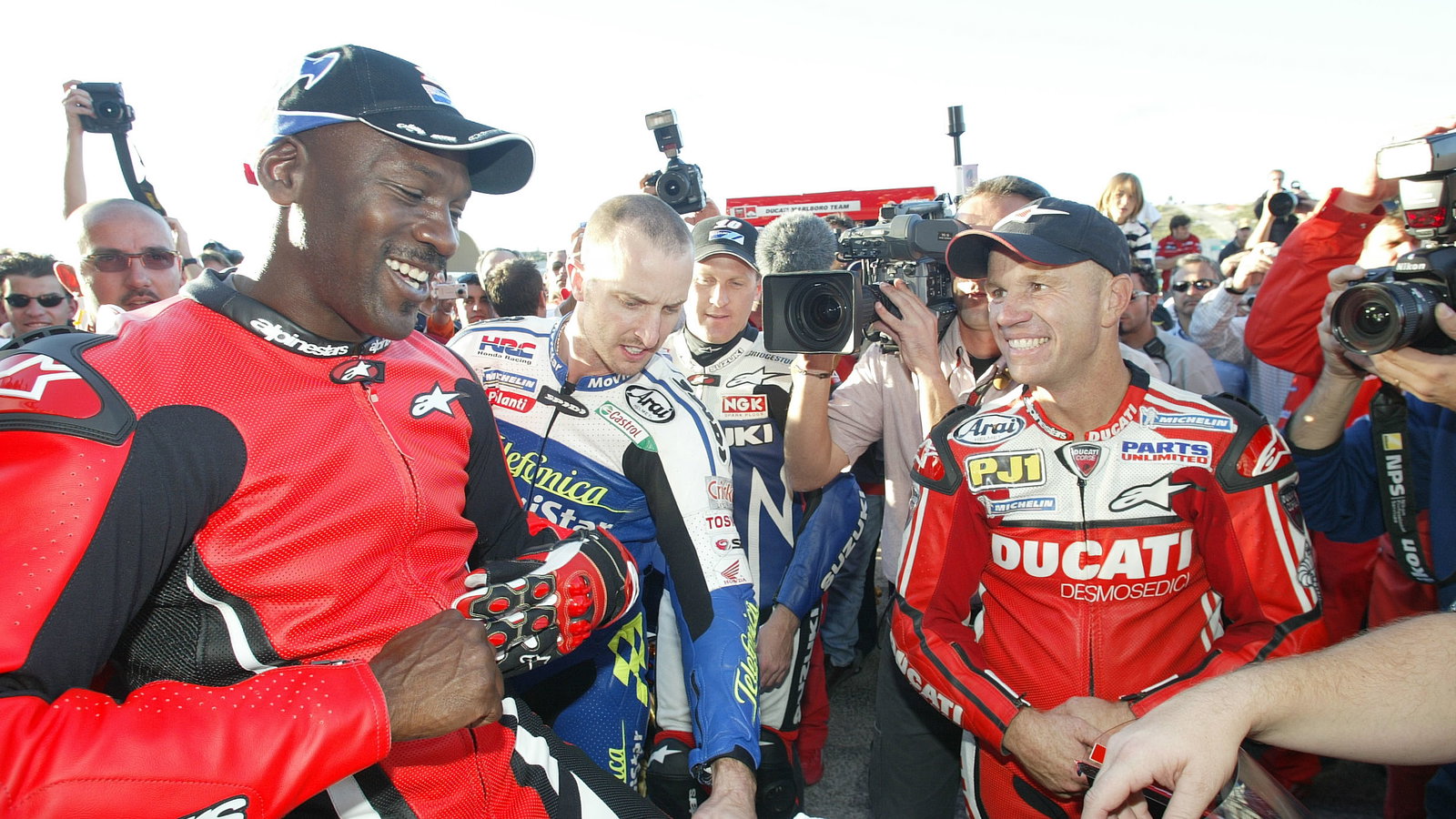 Michael Jordan, Colin Edwards and Randy Mamola, Valencia MotoGP 2004