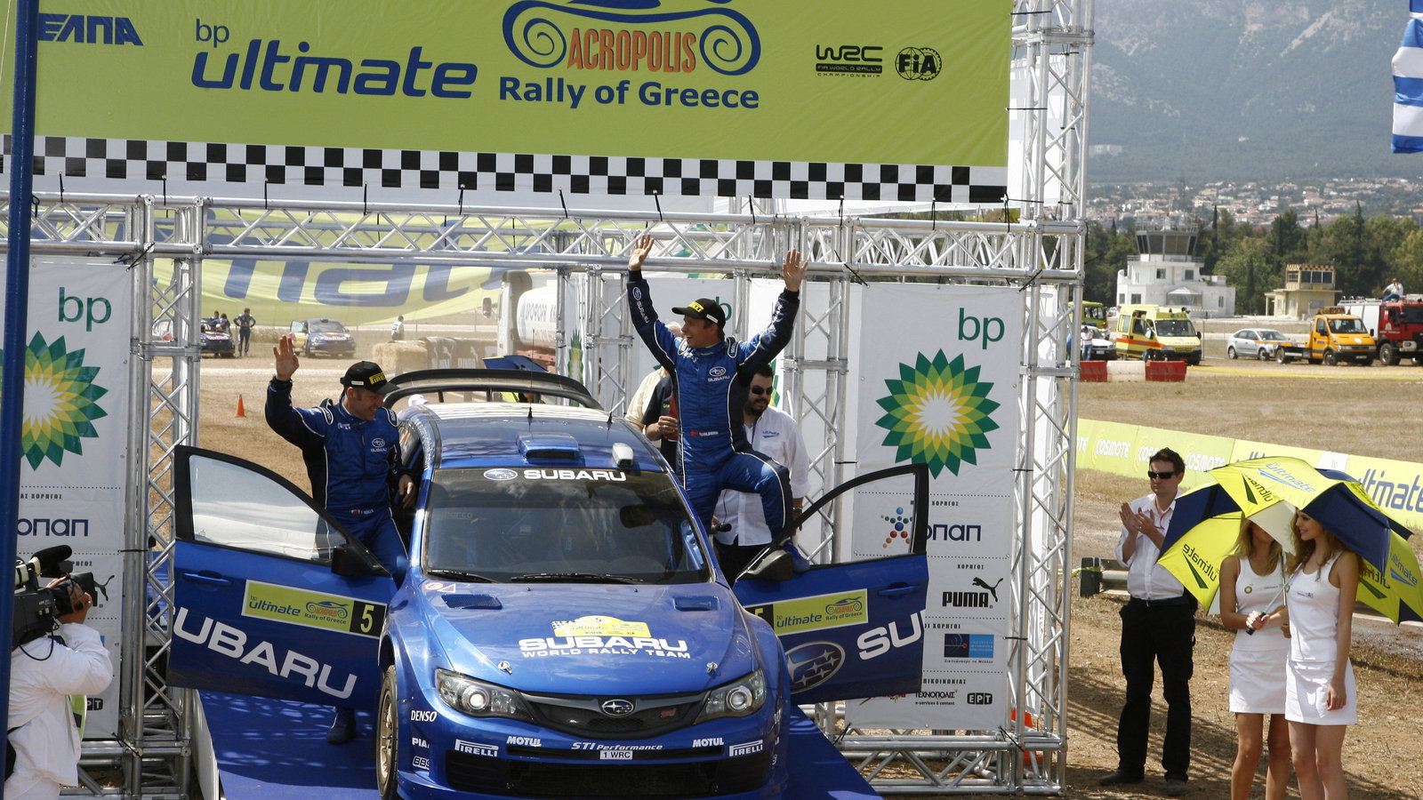 Podium, Petter Solberg (NOR) Phil Mills (GBR), Subaru Impreza WRC 2008, Subaru World Rally Team