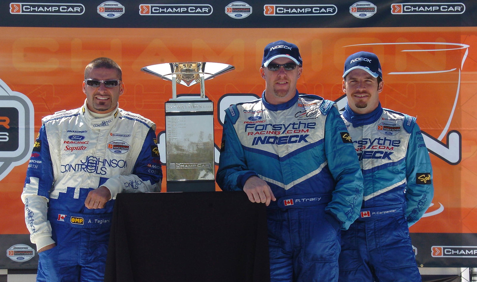 Alex Tagliani, Paul Tracy and Patrick Carpentier with the Natons Cup in Mexico City.