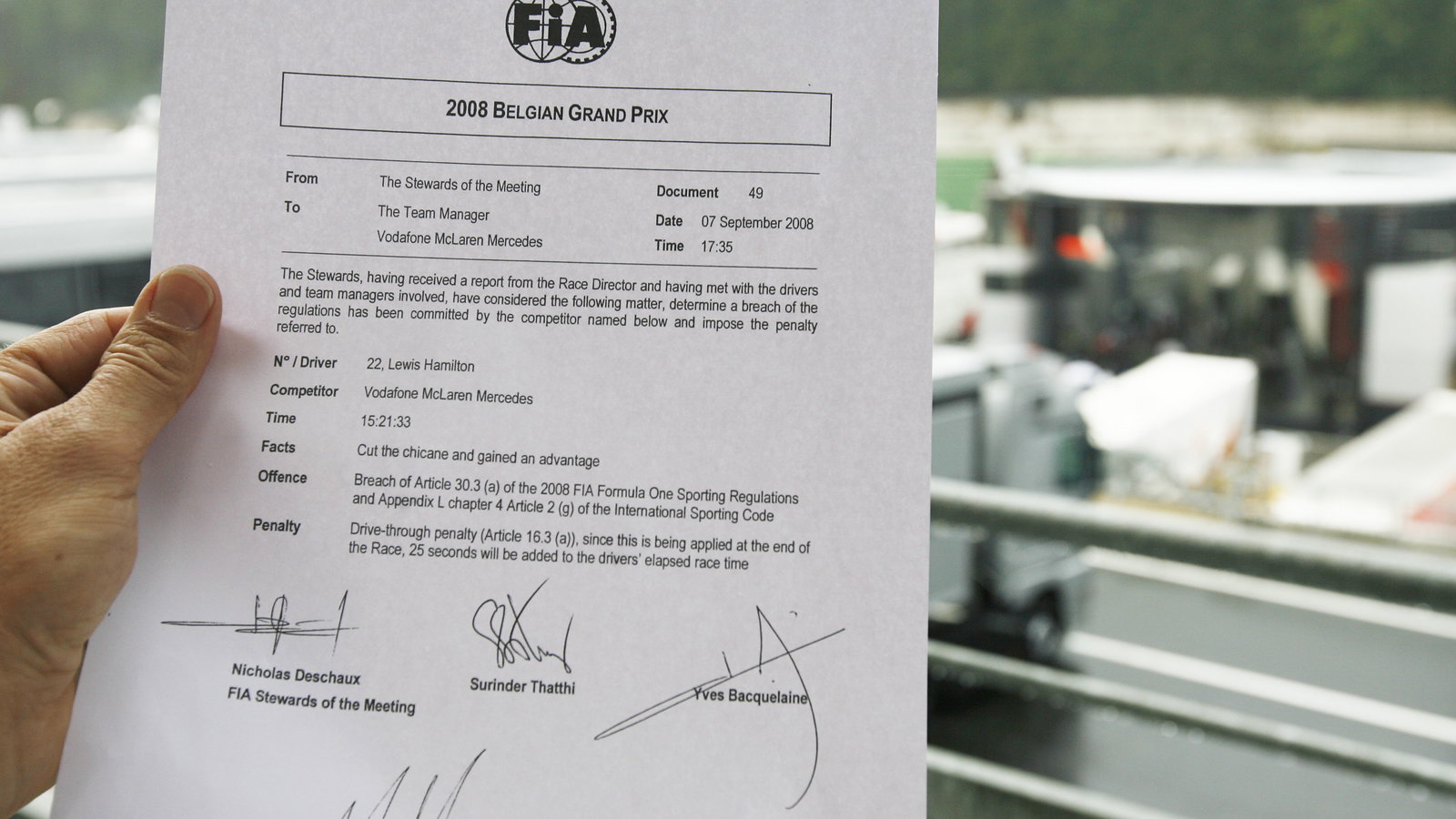 FIA Statement Of Hamilton`s Penalty, Belgian F1 Grand Prix, Spa Francorchamps, 5-7th, September, 200