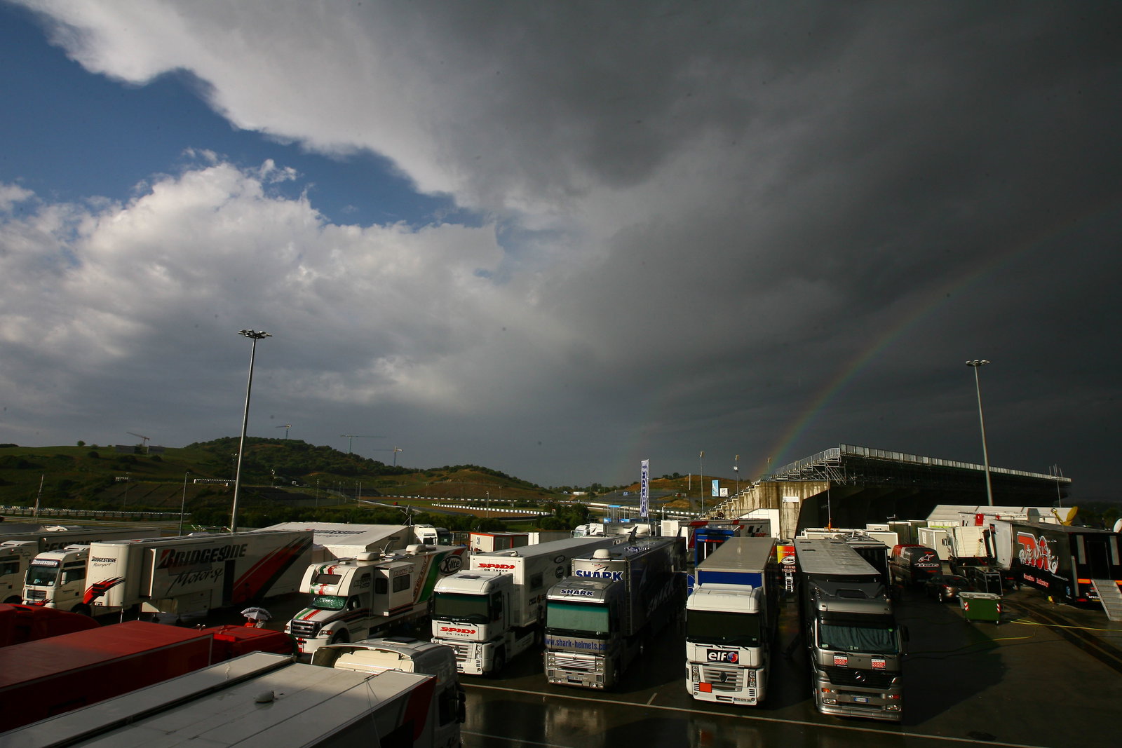 Rainbow over a stormy paddock, Jerez MotoGP tests 2009