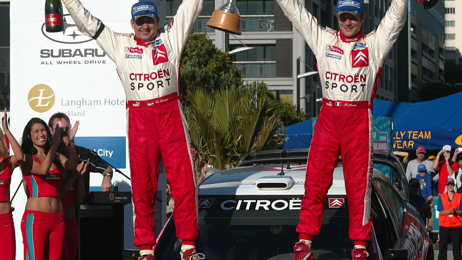 Citroen`s Sebastien Loeb and co-driver Daniel Elena celebrate their victory in NZ