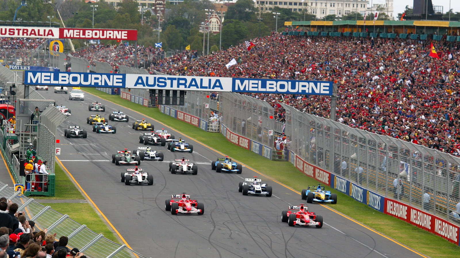 Michael Schumacher leads at the start of the 2004 Australian Grand Prix