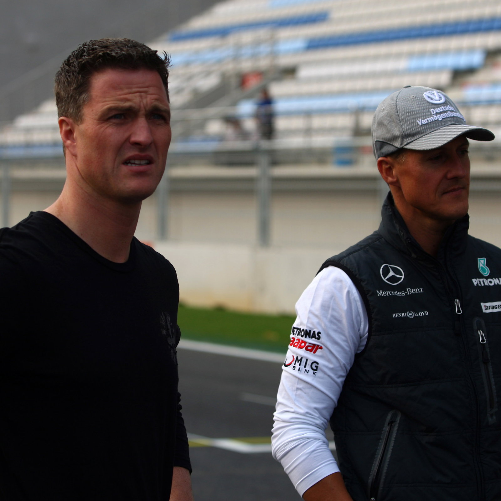 Thursday, Ralf Schumacher (GER) and Michael Schumacher (GER), Mercedes GP F1 Team, MGP W01