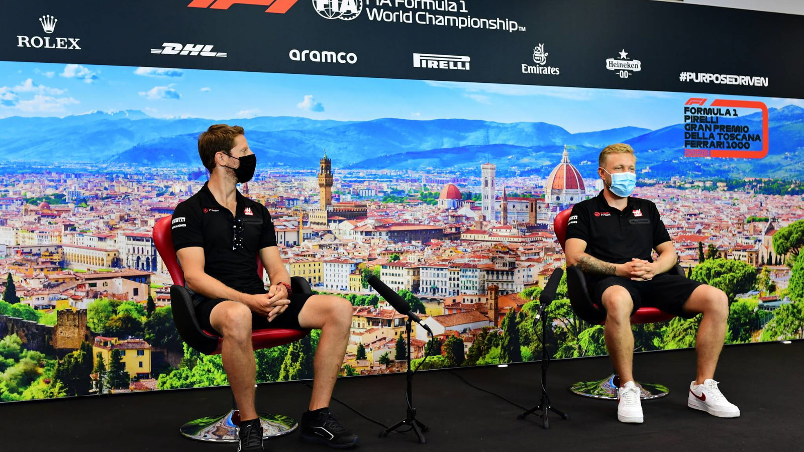 (L to R): Romain Grosjean (FRA) Haas F1 Team and Kevin Magnussen (DEN)