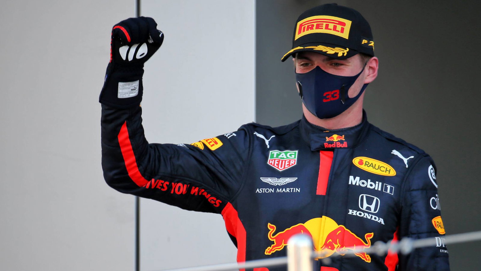 Max Verstappen (NLD) Red Bull Racing celebrates his second position on the podium.