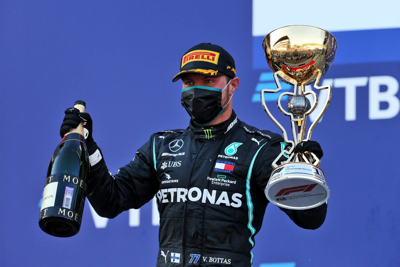 Race winner Valtteri Bottas (FIN) Mercedes AMG F1 celebrates on the podium.