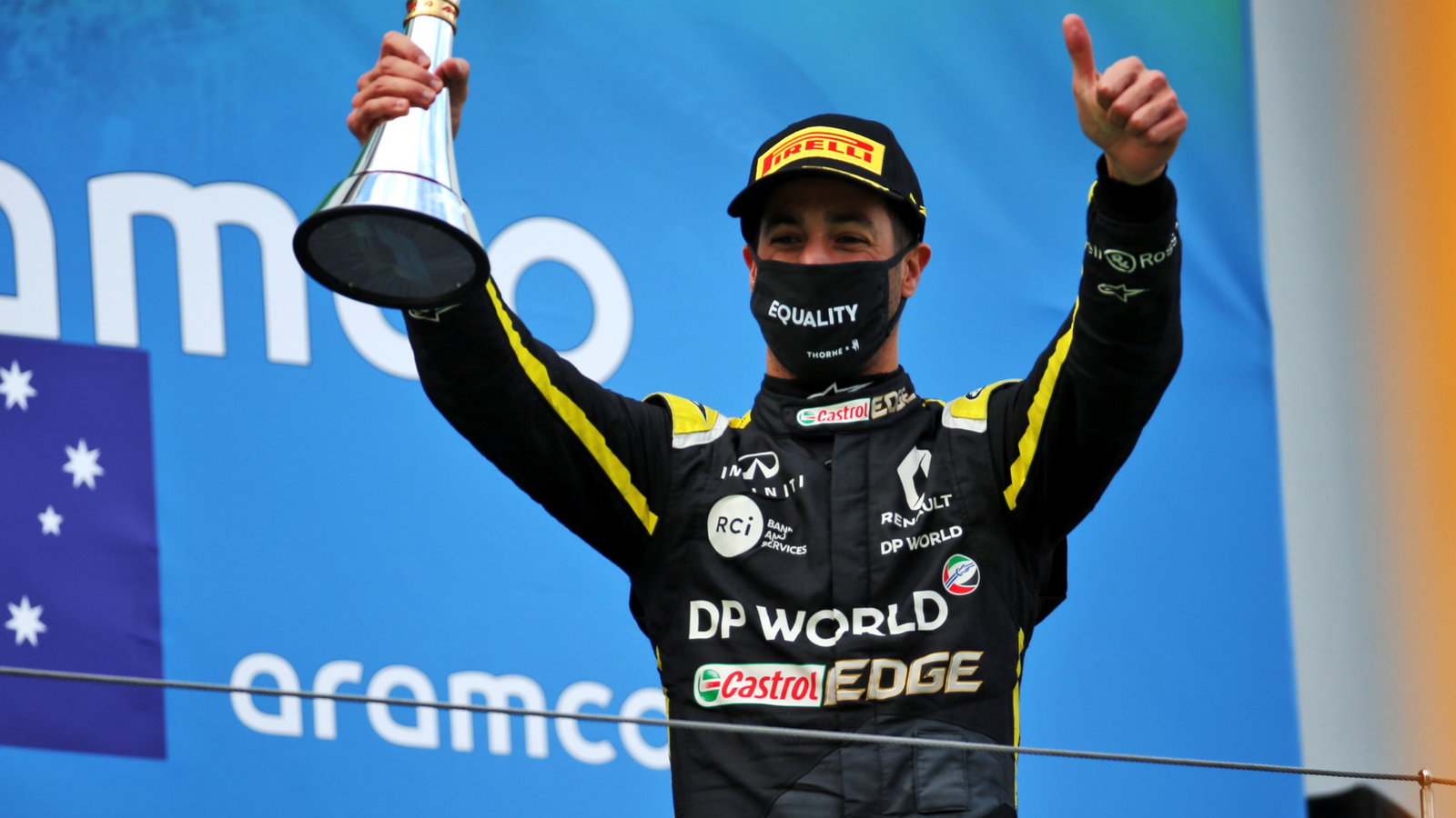 Daniel Ricciardo (AUS) Renault F1 Team celebrates his third position on the podium.