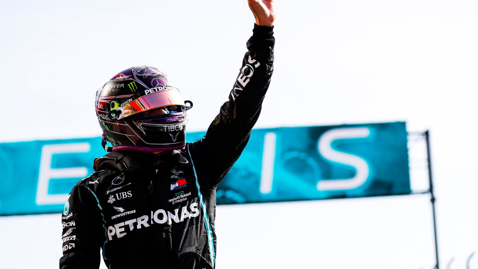 Lewis Hamilton (GBR) Mercedes AMG F1 celebrates his pole position in qualifying parc ferme.