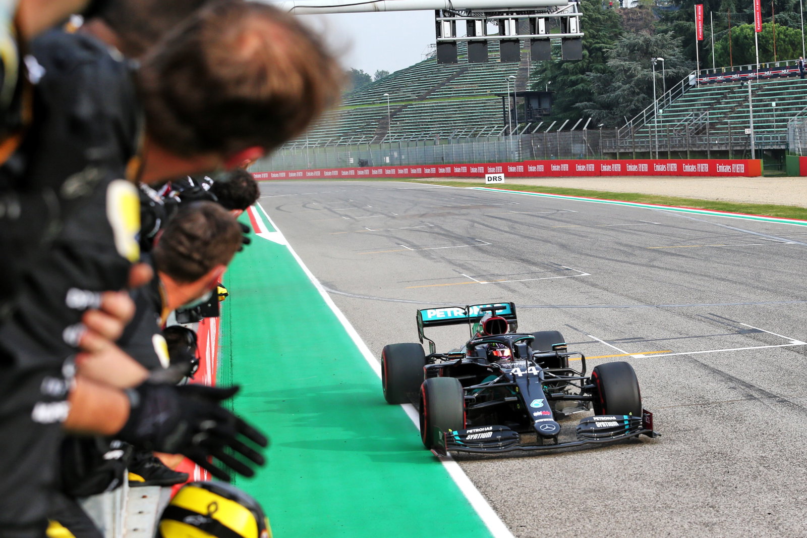 Race winner Lewis Hamilton (GBR) Mercedes AMG F1 W11 at the end of the race.