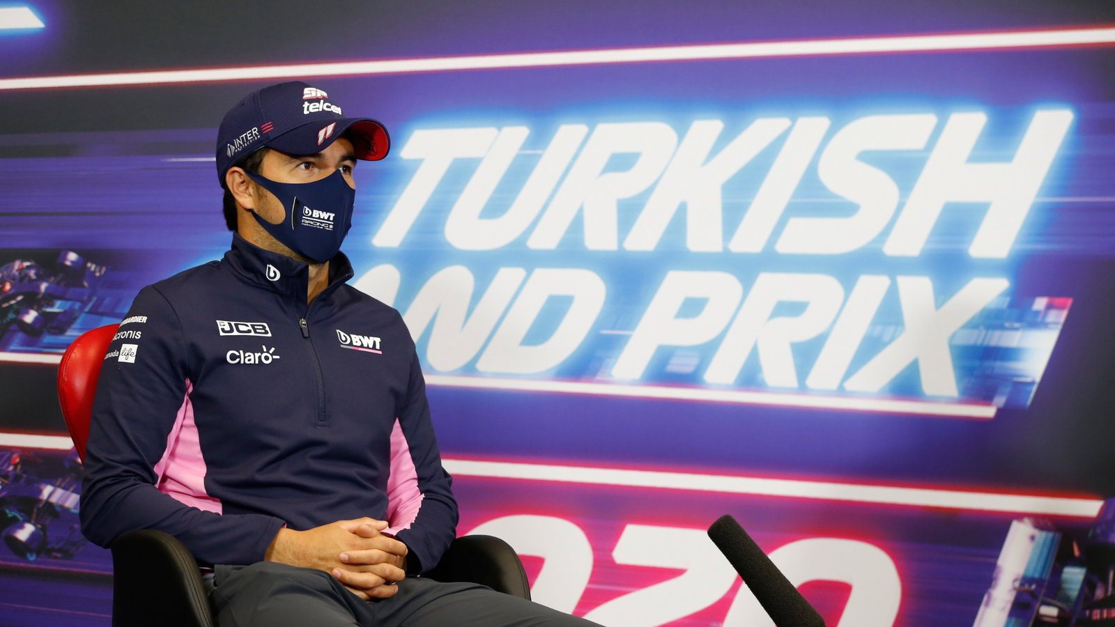 Sergio Perez (MEX) Racing Point F1 Team in the FIA Press Conference.