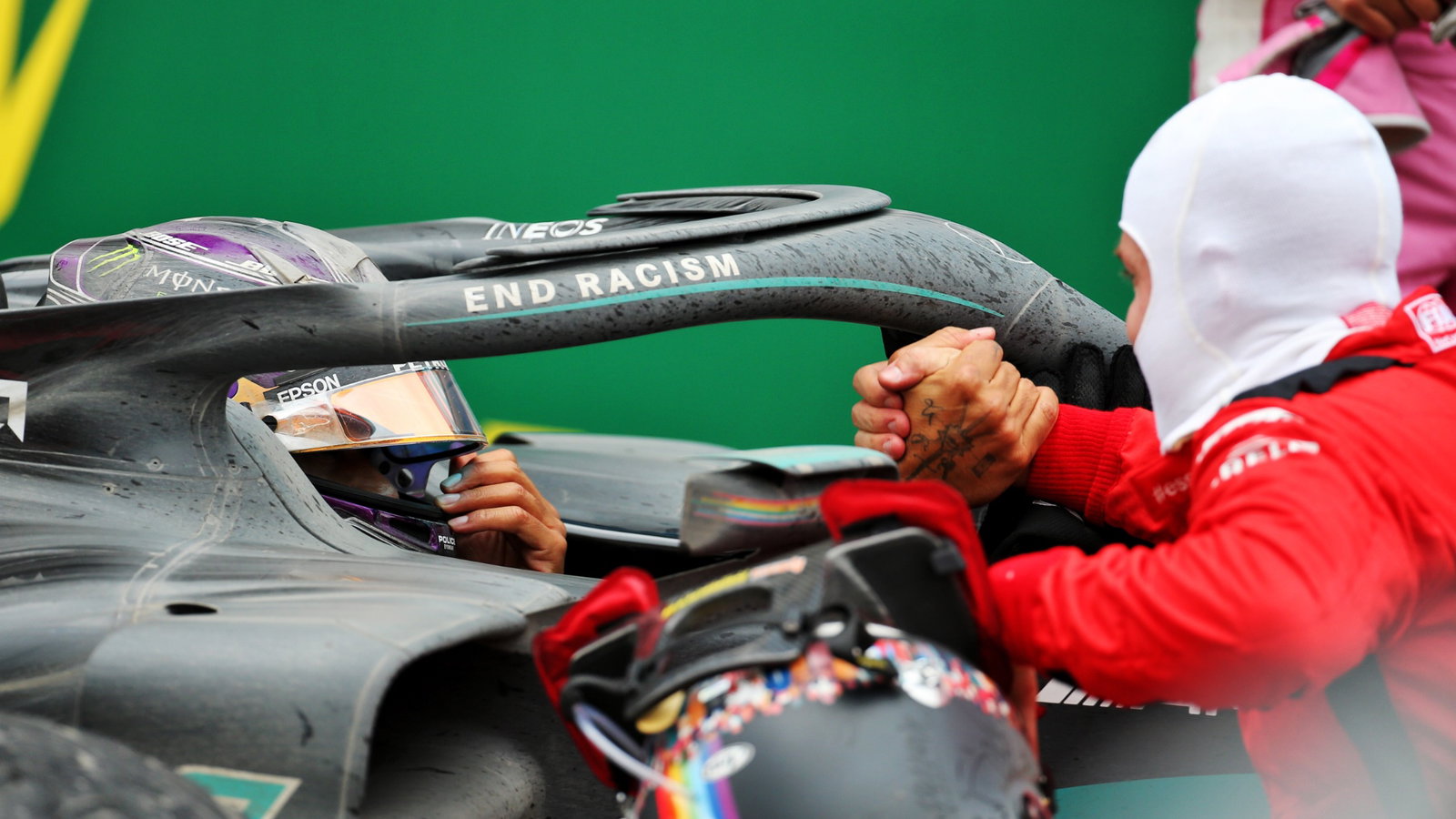 Race winner and World Champion Lewis Hamilton (GBR) Mercedes AMG F1 celebrates in parc ferme with third placed Sebastian Vettel (GER) Ferrari.