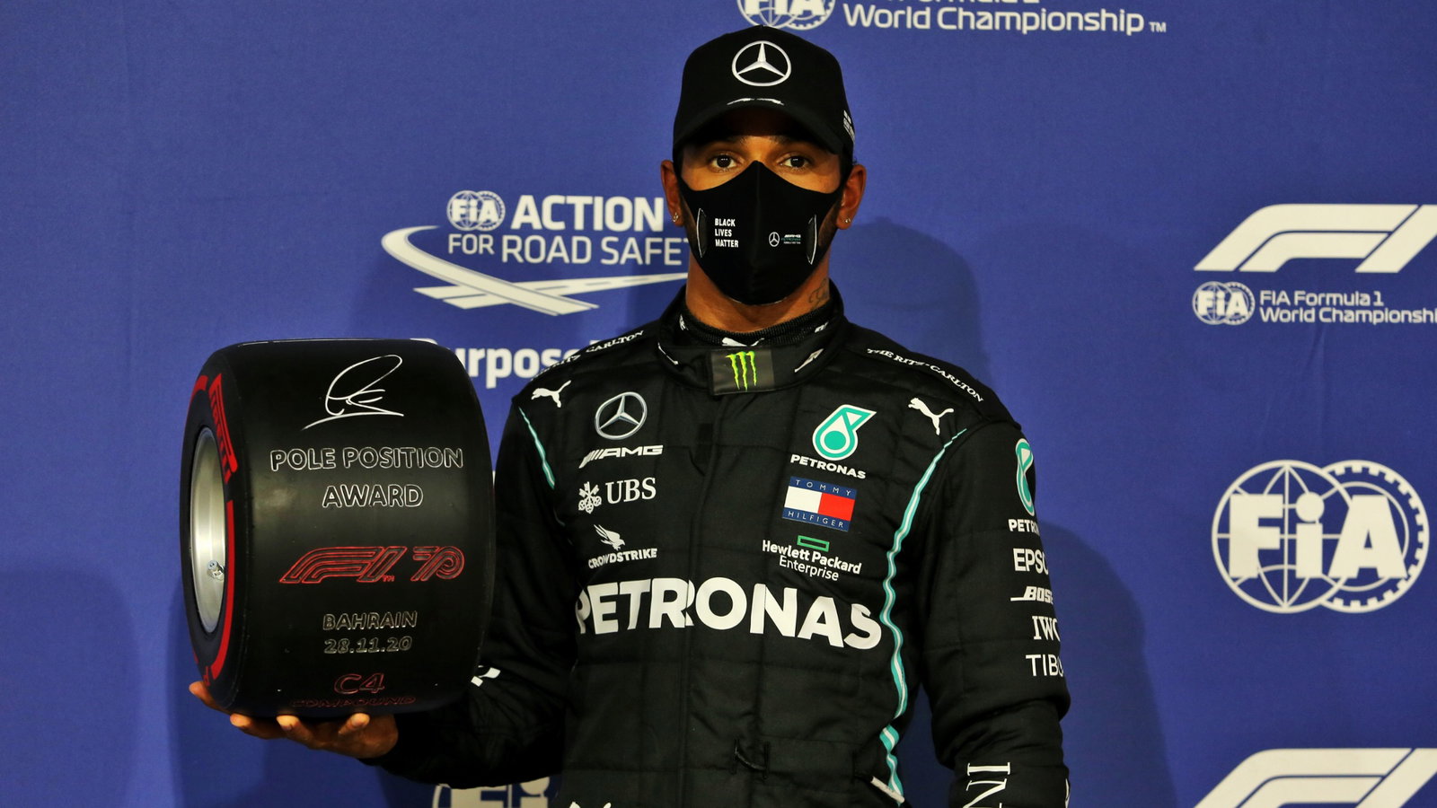 Lewis Hamilton (GBR) Mercedes AMG F1 celebrates with the Pirelli Pole Position Award in parc ferme.