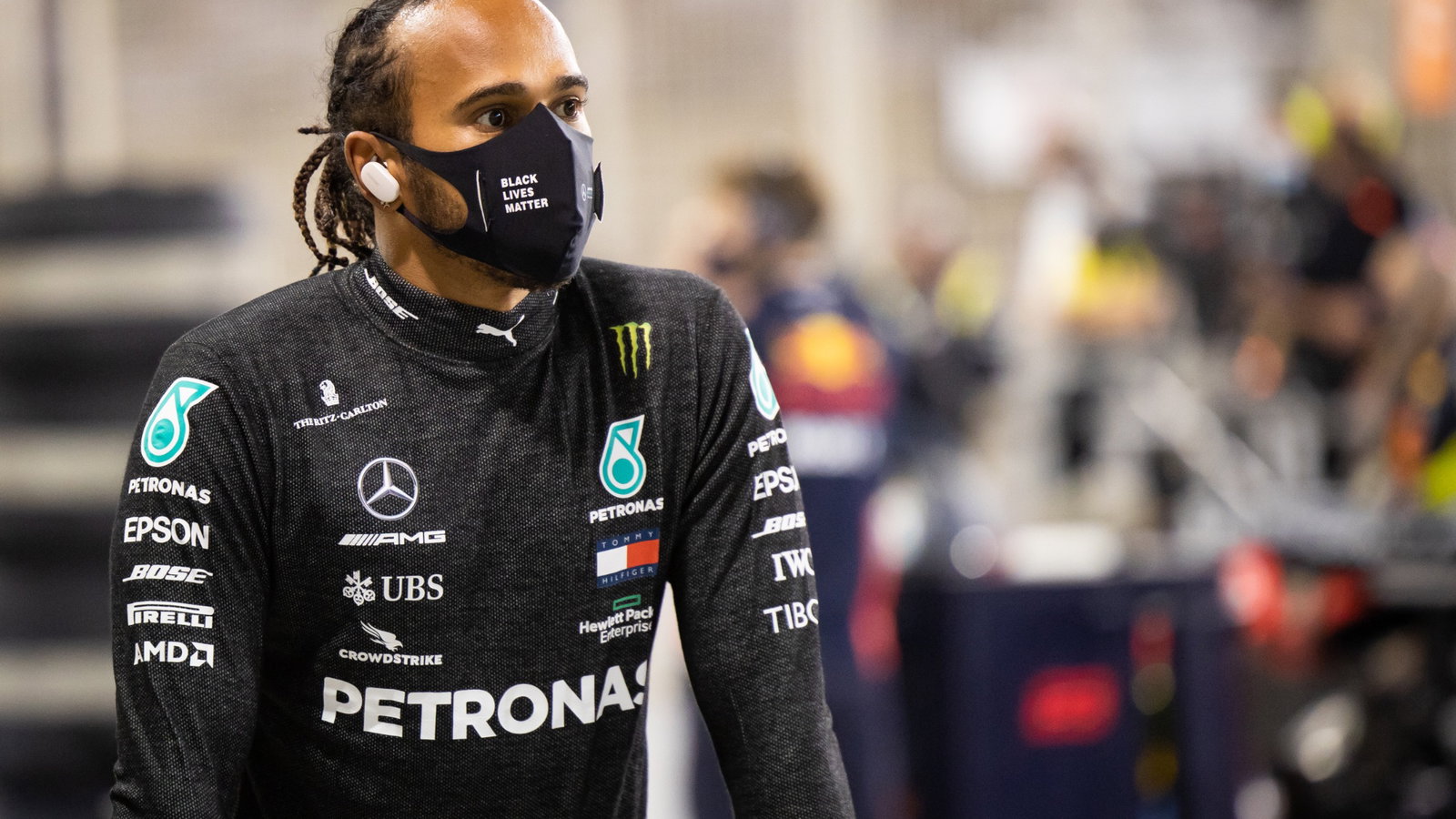 Lewis Hamilton (GBR) Mercedes AMG F1 in the pits while the race is stopped.