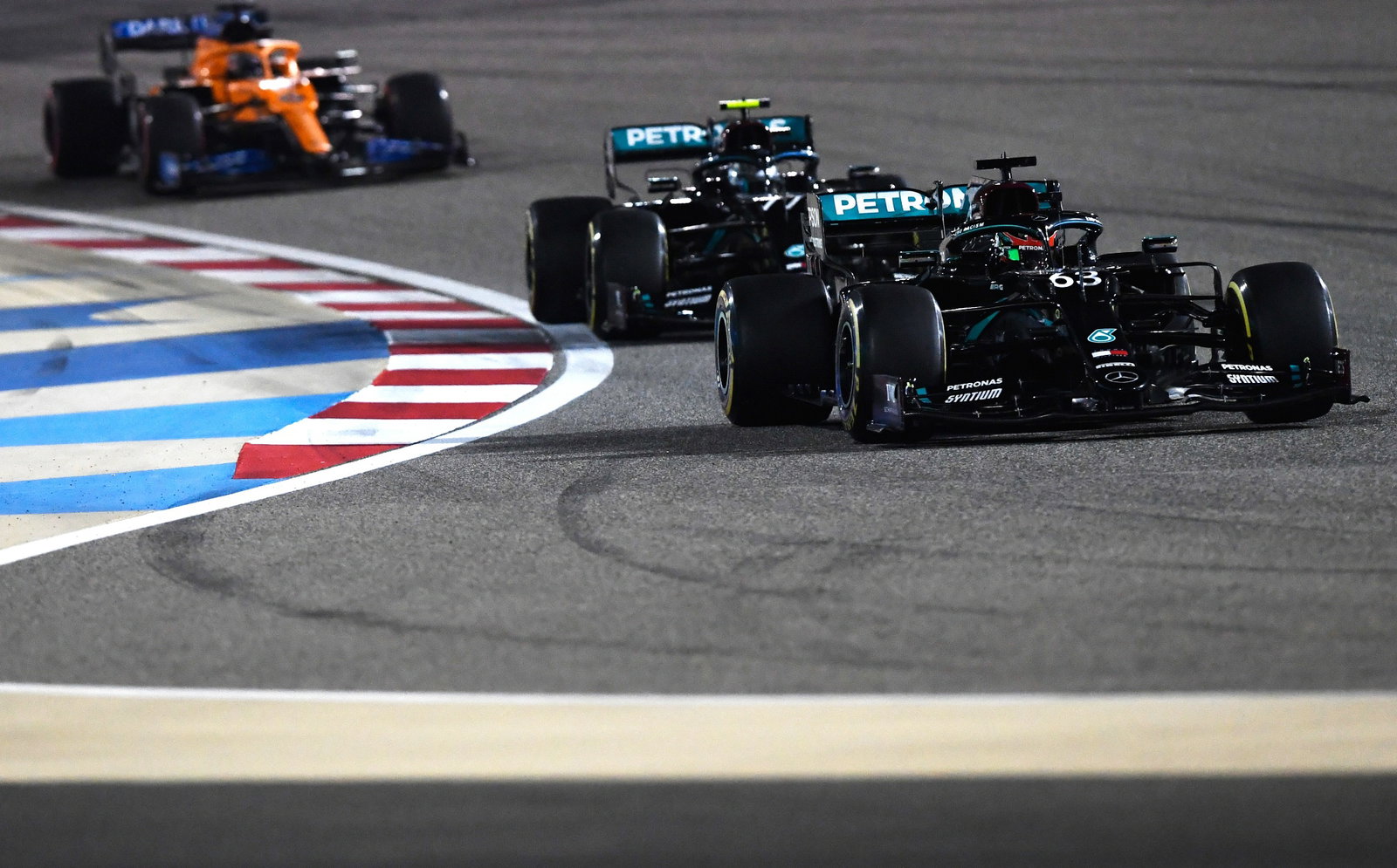 George Russell (GBR) Mercedes AMG F1 W11 leads team mate Valtteri Bottas (FIN) Mercedes AMG F1 W11.