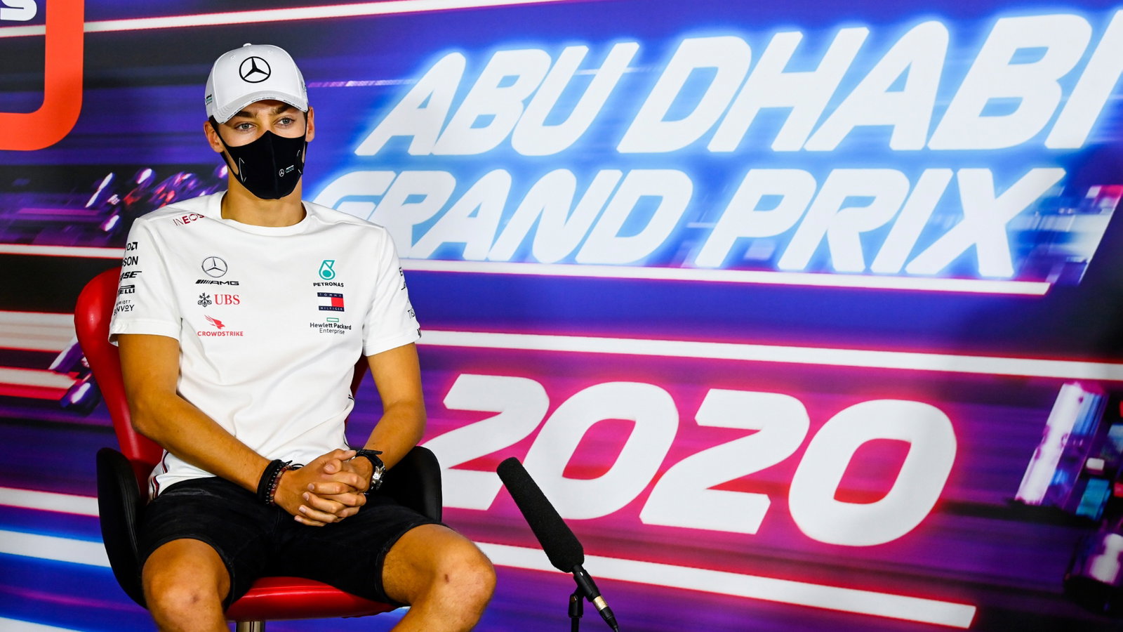 George Russell (GBR) Mercedes AMG F1 in the FIA Press Conference.