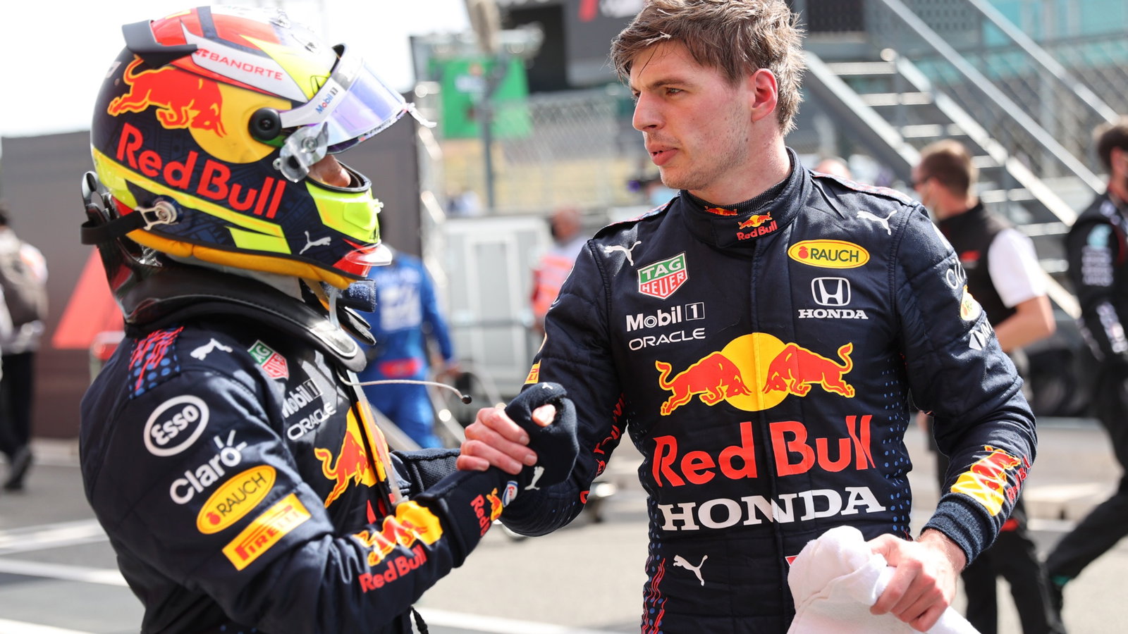 Sergio Perez (MEX) Red Bull Racing RB16B and Max Verstappen (NLD) Red Bull Racing RB16B.