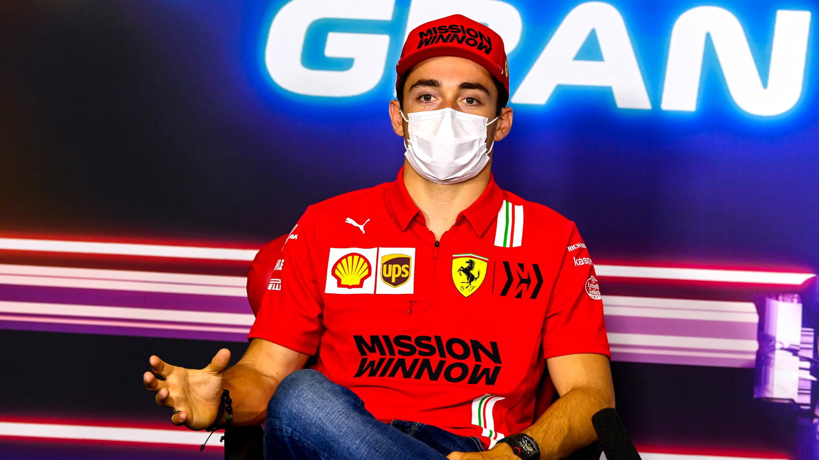 Charles Leclerc (MON) Ferrari in the FIA Press Conference.