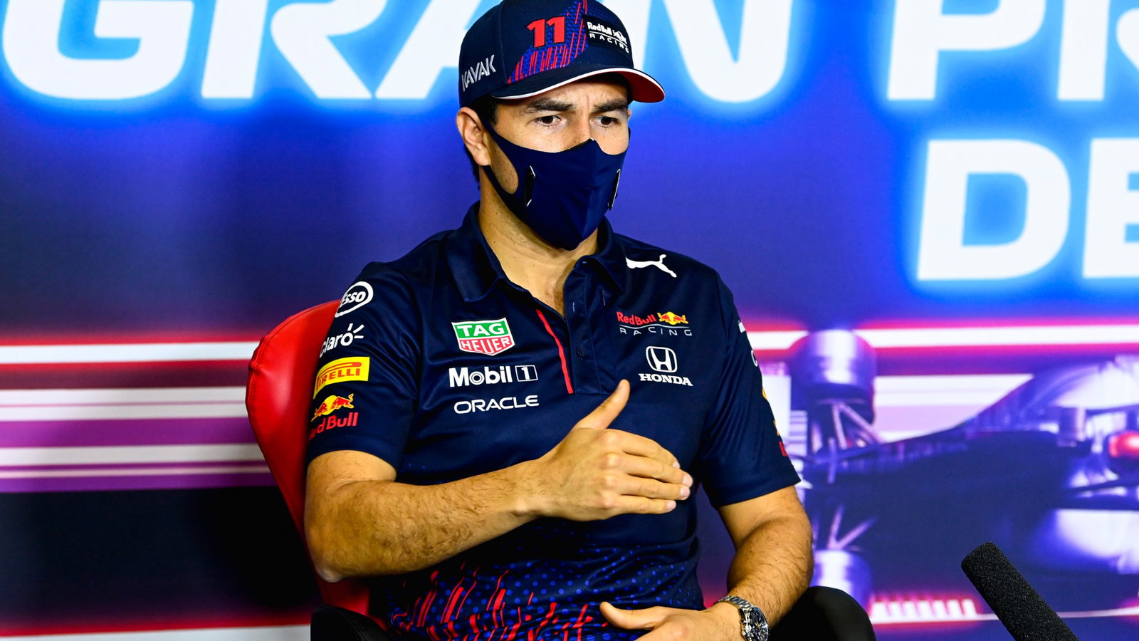 Sergio Perez (MEX) Red Bull Racing in the FIA Press Conference.