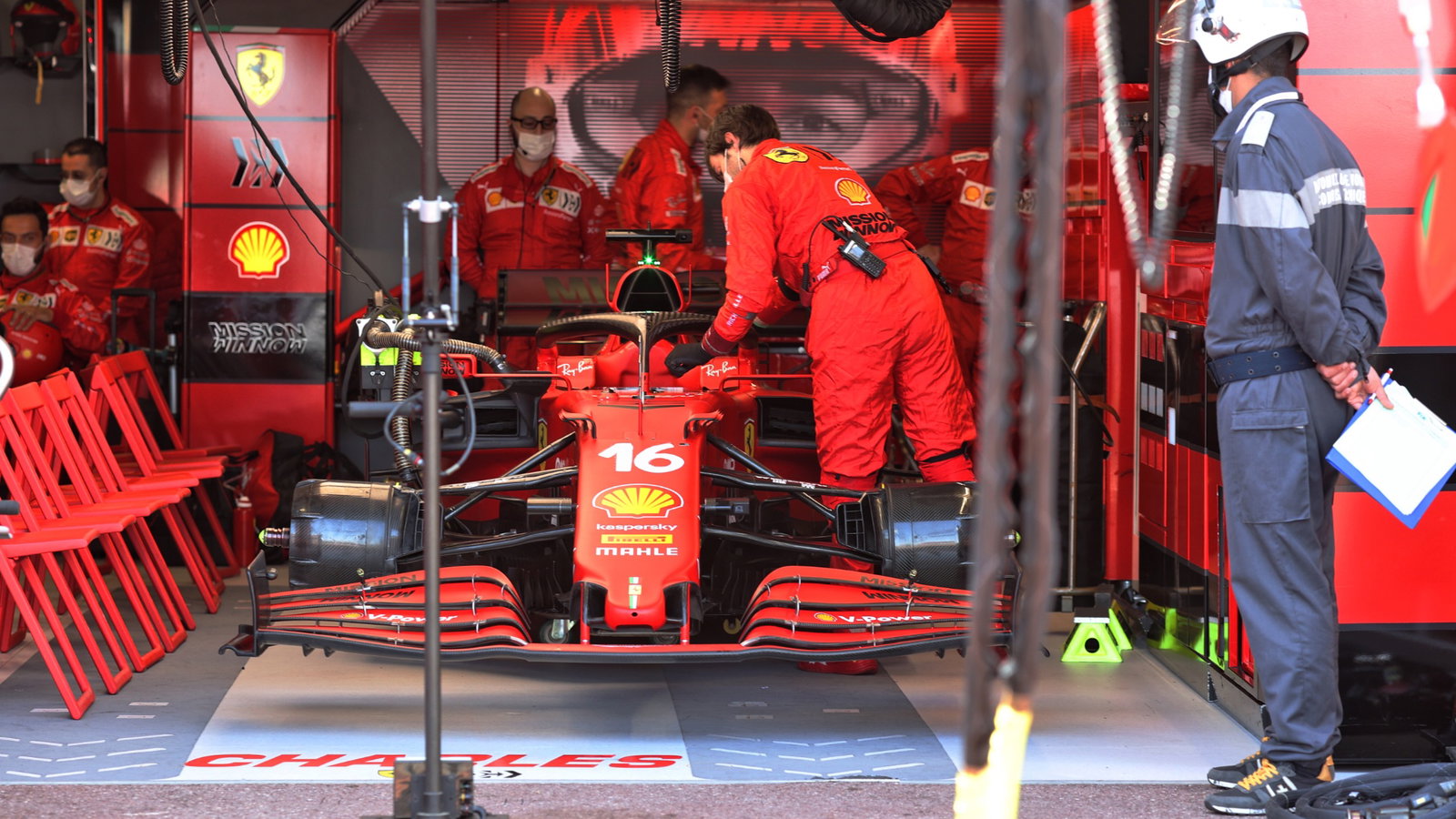 The Ferrari SF-21 of Charles Leclerc (MON) Ferrari, who isn't starting the race after crashing in qualifying.