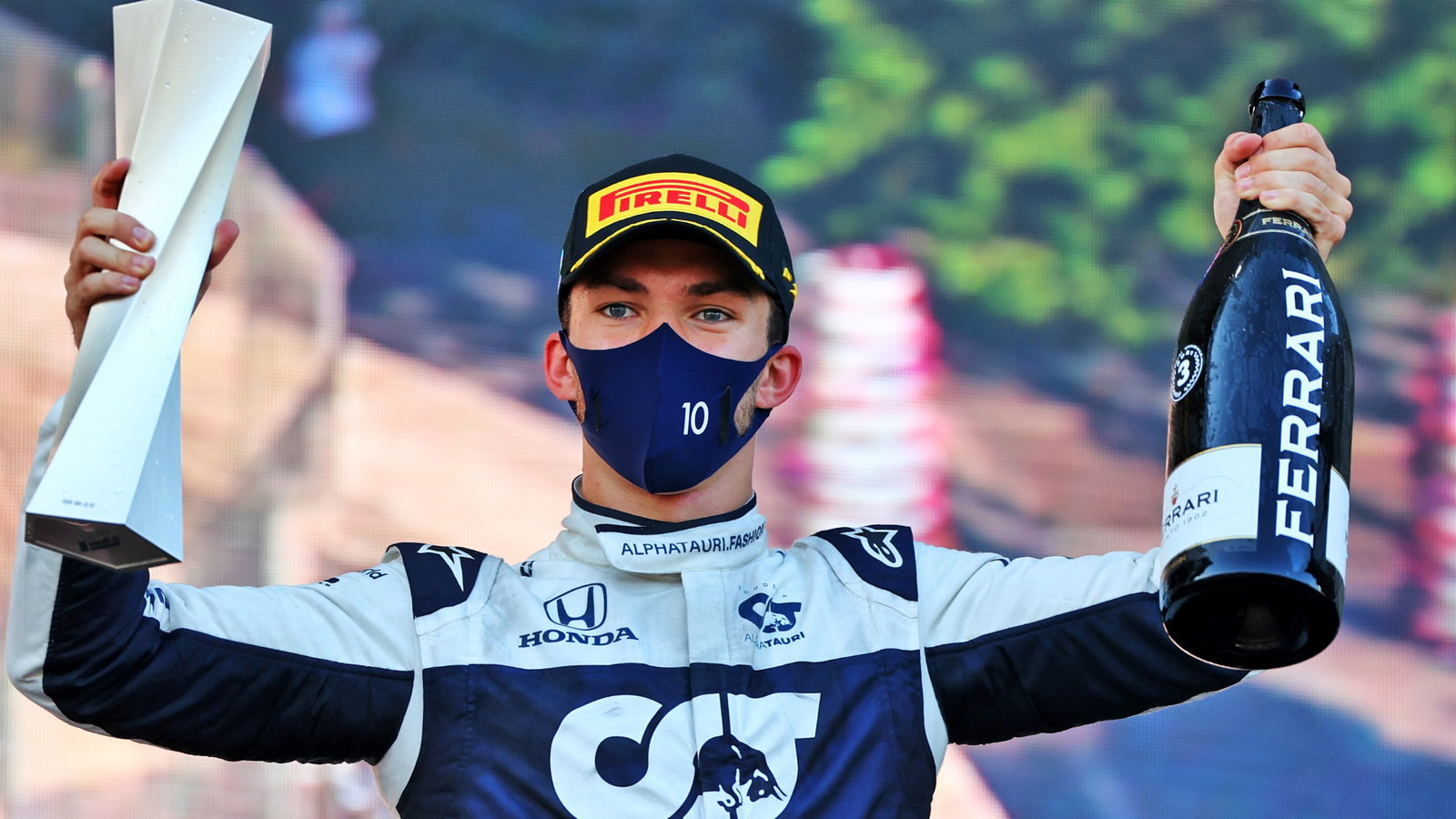 Pierre Gasly (FRA) AlphaTauri celebrates his third position on the podium.