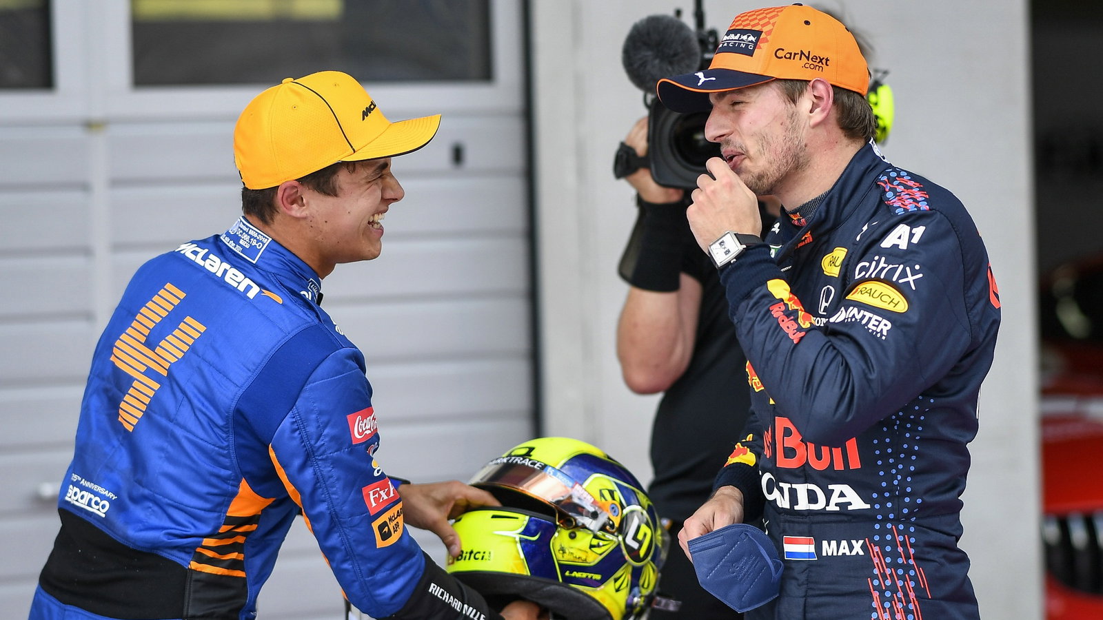 (L to R): Second placed Lando Norris (GBR) McLaren in qualifying parc ferme with pole sitter Max Verstappen (NLD) Red Bull Racing.