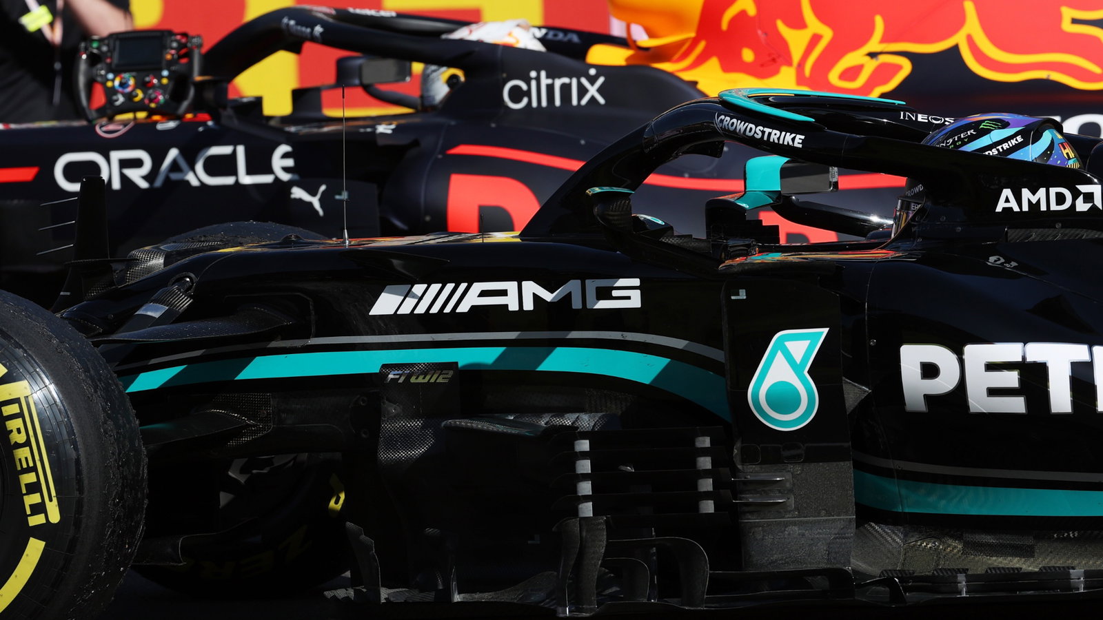 Max Verstappen (NLD) Red Bull Racing and Lewis Hamilton (GBR) Mercedes AMG F1.