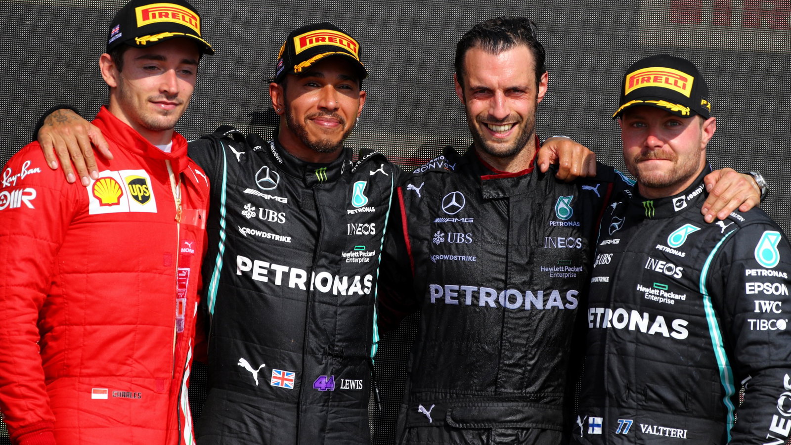 The podium (L to R): Charles Leclerc (MON) Ferrari, second; Lewis Hamilton (GBR) Mercedes AMG F1, race winner; Valtteri Bottas (FIN) Mercedes AMG F1, third.