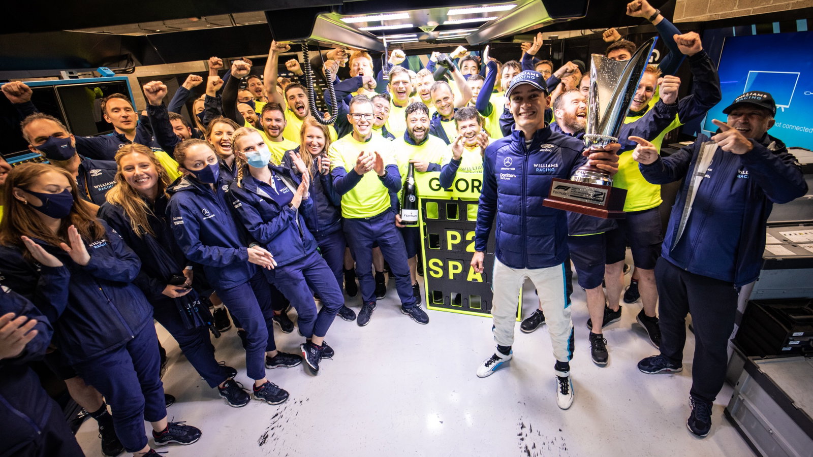 George Russell (GBR) Williams Racing celebrates his second position with the team.