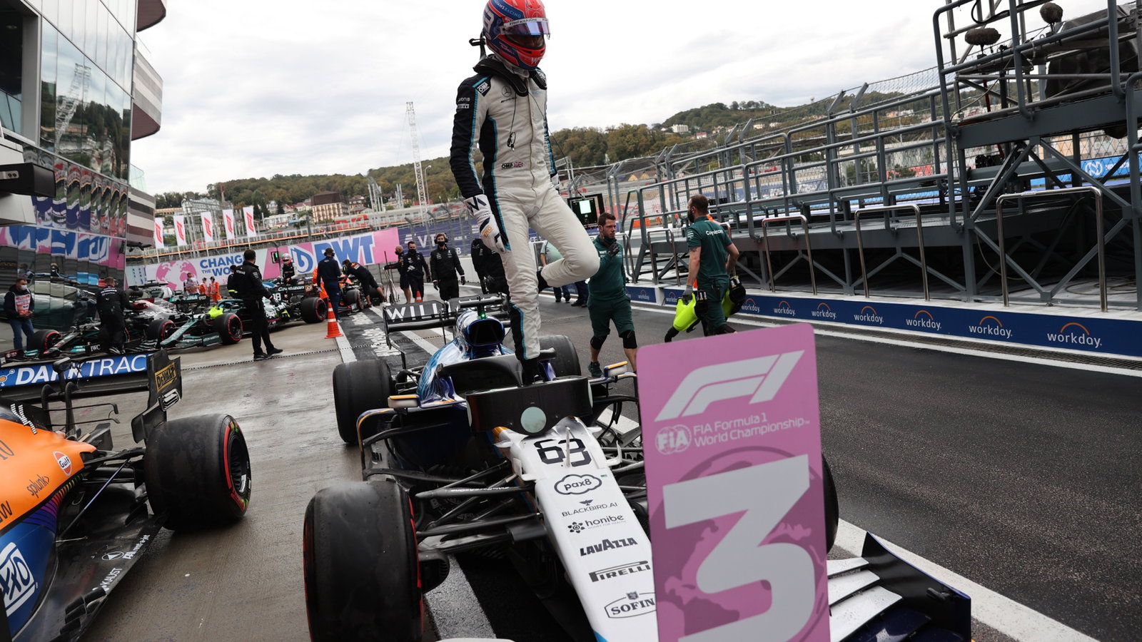 George Russell (GBR) Williams Racing FW43B celebrates 3rd position in qualifying parc ferme.