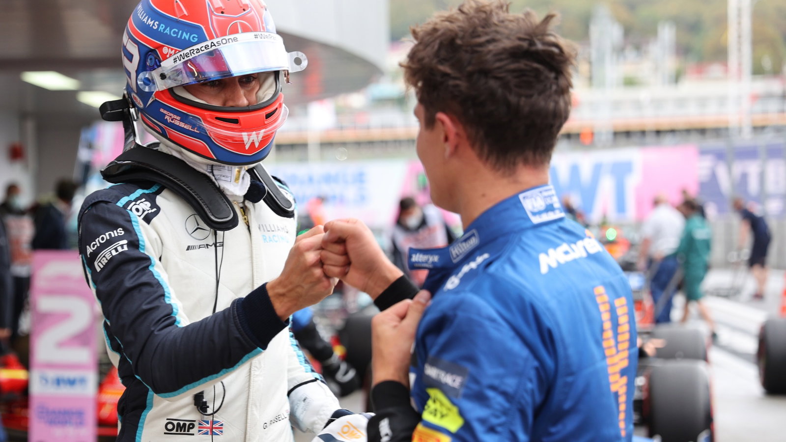 George Russell (GBR) Williams Racing FW43B and Lando Norris (GBR) McLaren MCL35M.