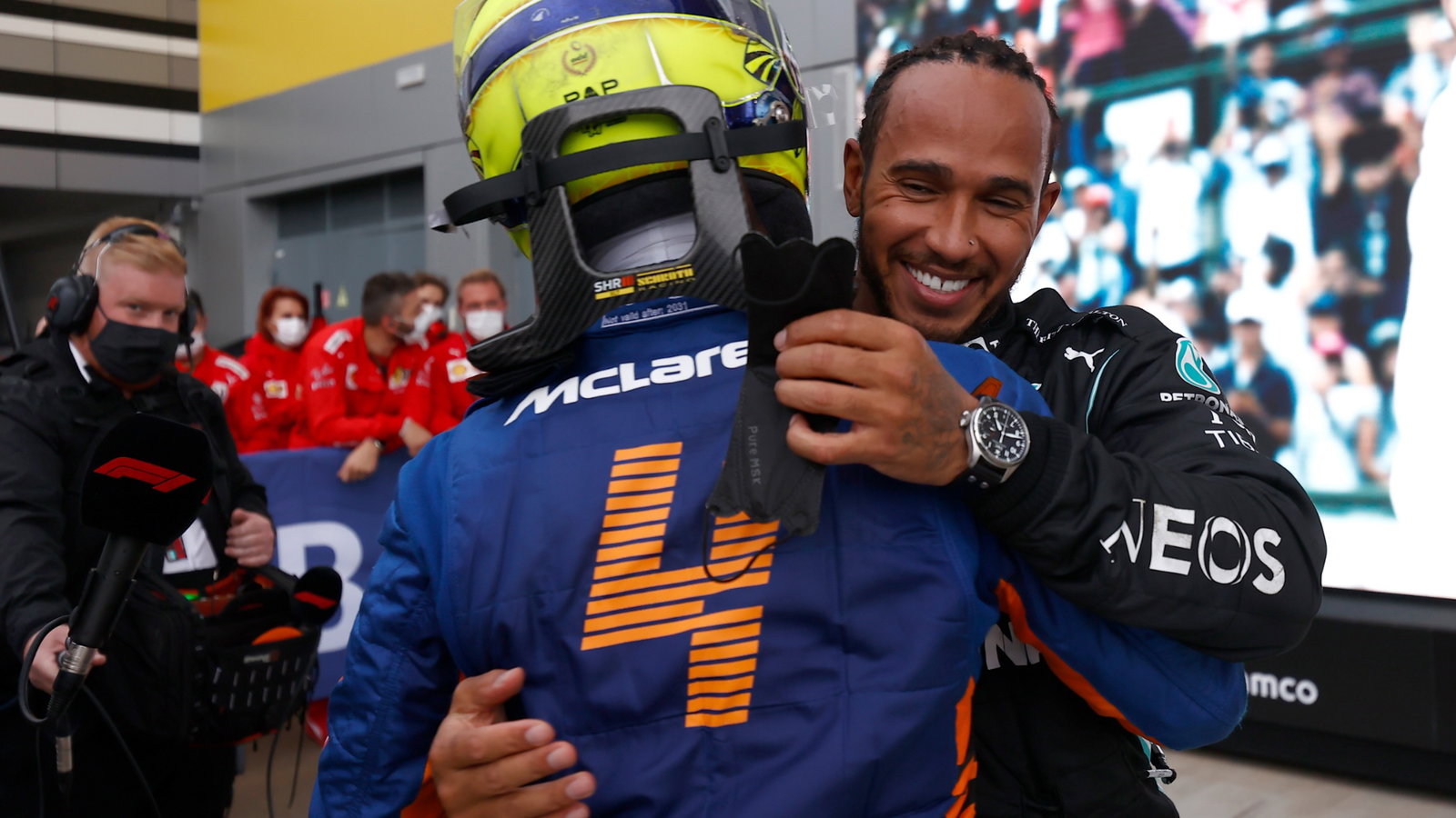 (L to R): Lando Norris (GBR) McLaren with race winner Lewis Hamilton (GBR) Mercedes AMG F1 in parc ferme.
