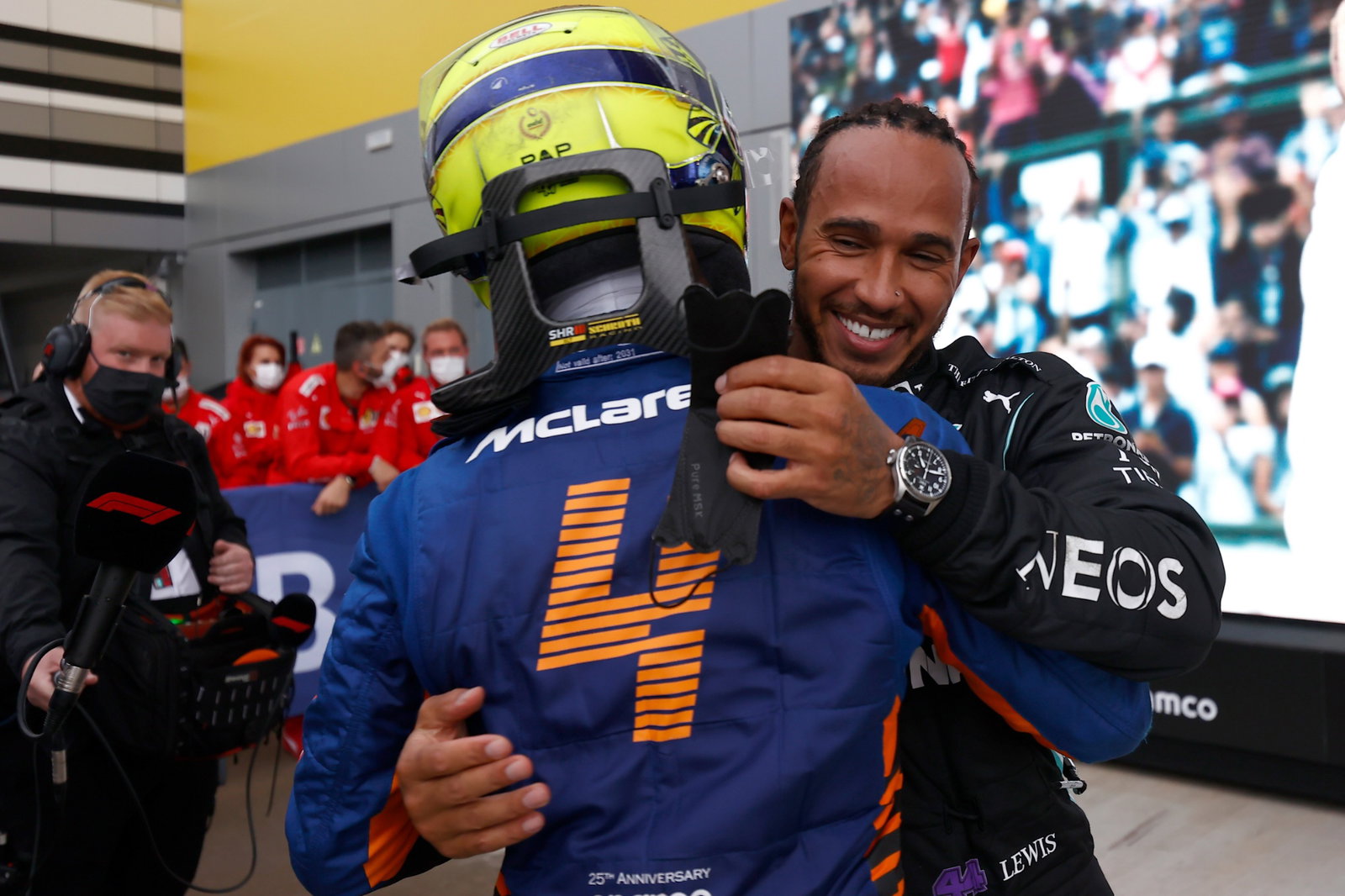 (L to R): Lando Norris (GBR) McLaren with race winner Lewis Hamilton (GBR) Mercedes AMG F1 in parc ferme.