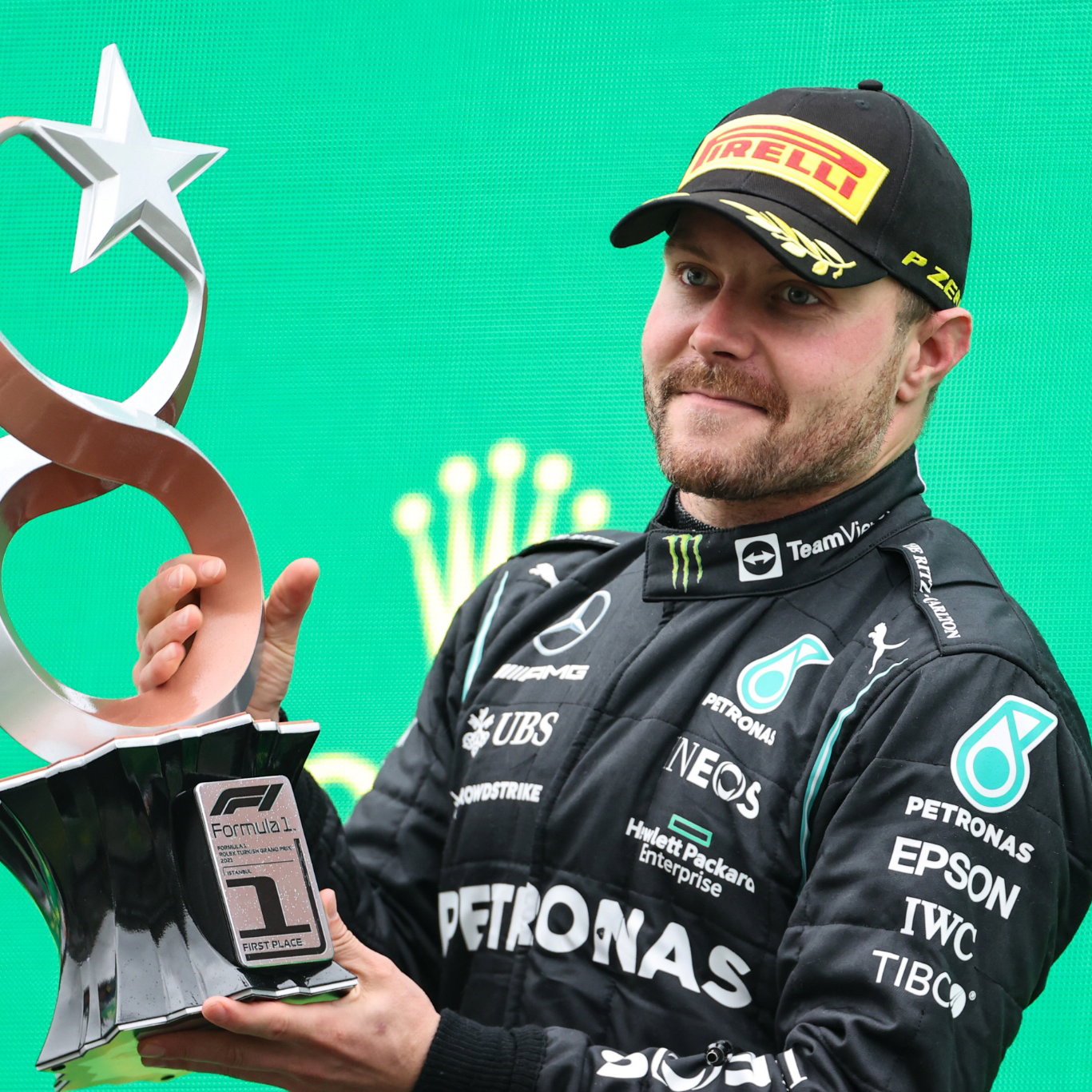 Race winner Valtteri Bottas (FIN) Mercedes AMG F1 celebrates on the podium.