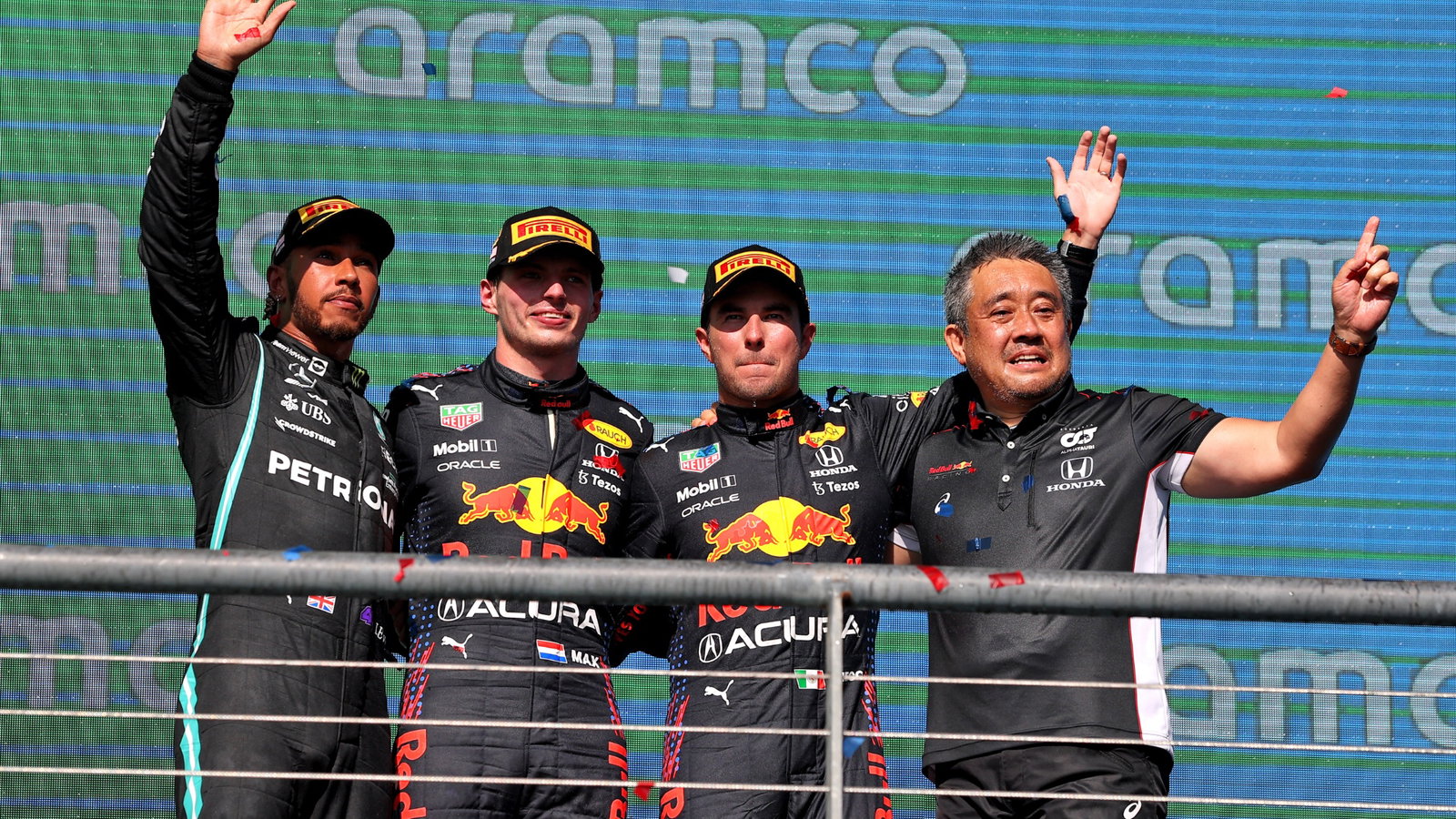 The podium (L to R): Lewis Hamilton (GBR) Mercedes AMG F1, second;Max Verstappen (NLD) Red Bull Racing, race winner; Sergio Perez (MEX) Red Bull Racing, third; Masashi Yamamoto (JPN) Honda Racing F1 Managing Director.