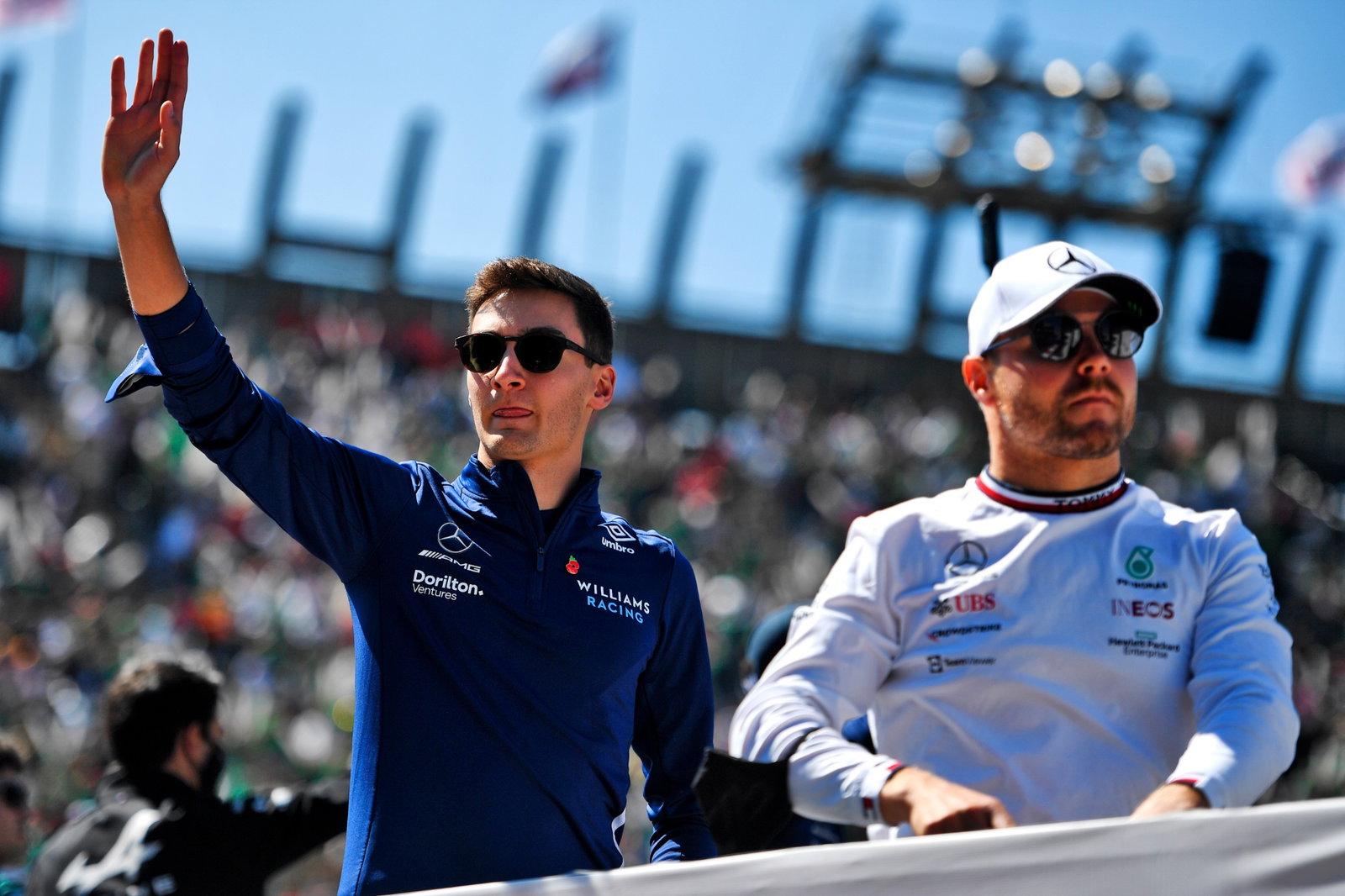 (L to R): George Russell (GBR) Williams Racing and Valtteri Bottas (FIN) Mercedes AMG F1 on the drivers parade.