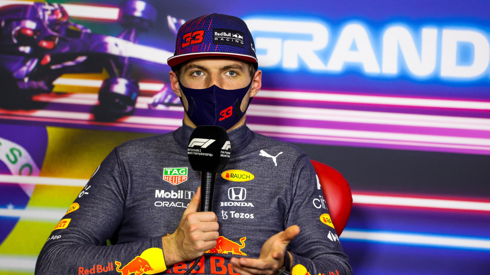 Max Verstappen (NLD) Red Bull Racing in the post race FIA Press Conference.