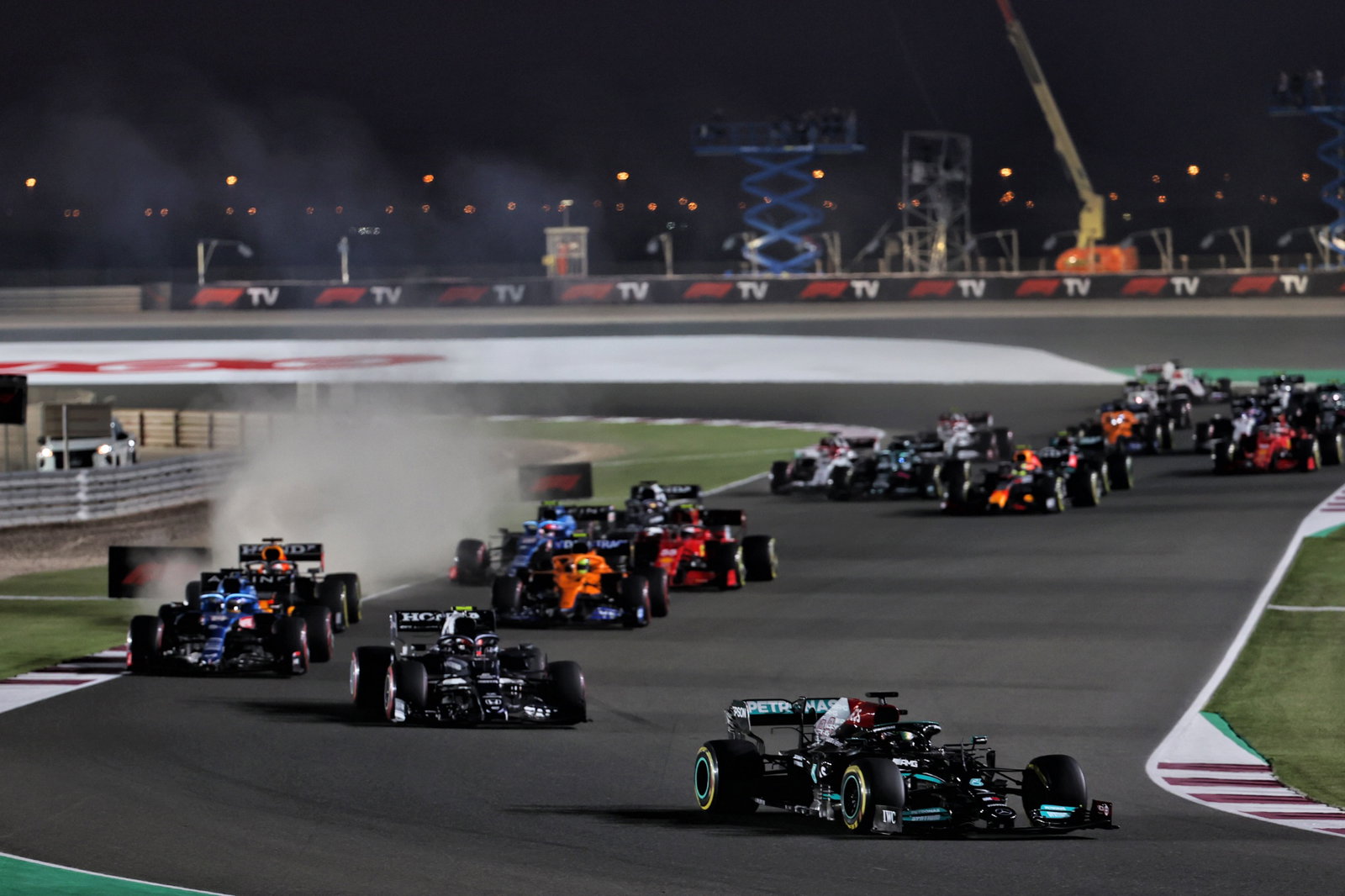 Lewis Hamilton (GBR) Mercedes AMG F1 W12 leads at the start of the race.