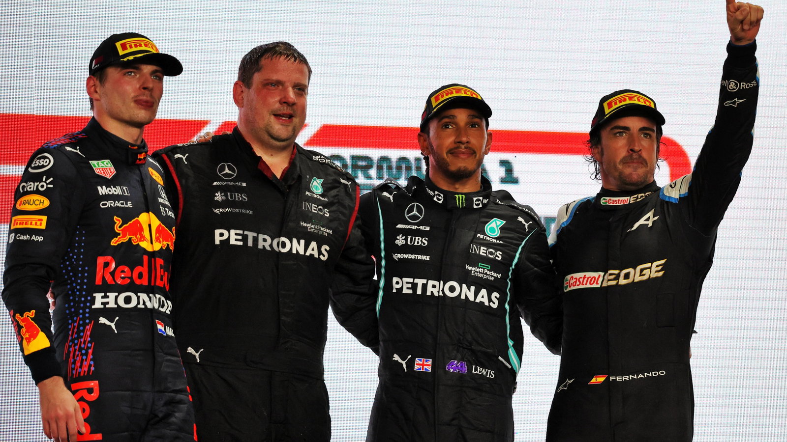 The podium (L to R): Max Verstappen (NLD) Red Bull Racing, second; Lewis Hamilton (GBR) Mercedes AMG F1, race winner; Fernando Alonso (ESP) Alpine F1 Team, third.