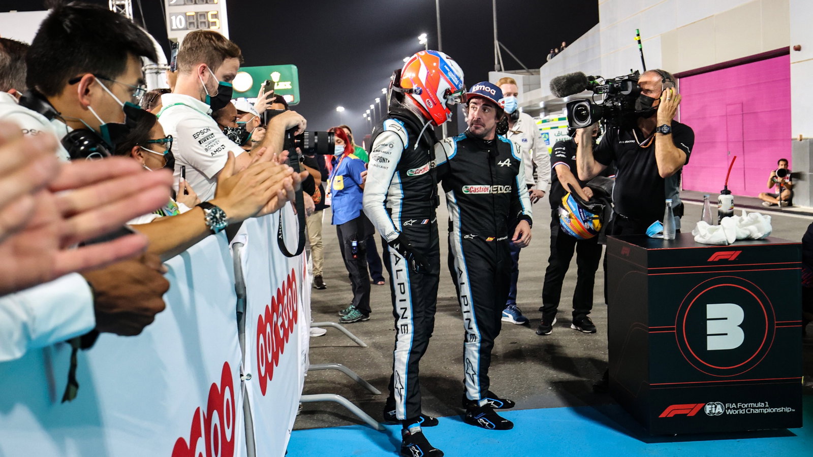 Third placed Fernando Alonso (ESP) Alpine F1 Team celebrates with team mate Esteban Ocon (FRA) Alpine F1 Team in parc ferme.