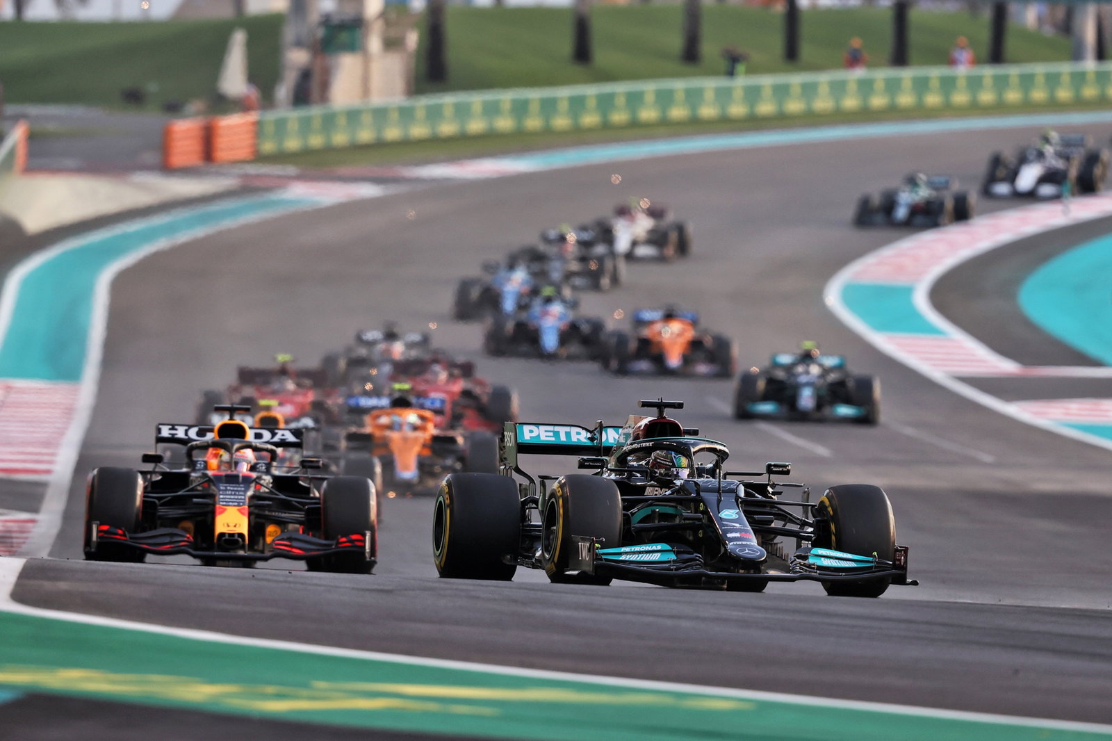 Lewis Hamilton (GBR) Mercedes AMG F1 W12 leads at the start of the race.