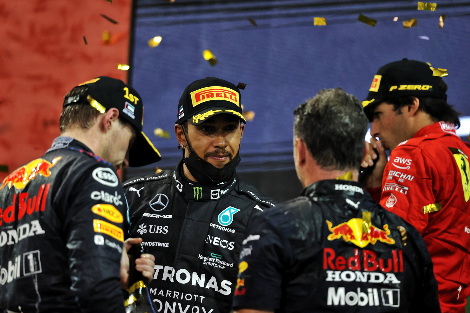 The podium (L to R): Max Verstappen (NLD) Red Bull Racing, race winner, and World Champion; Lewis Hamilton (GBR) Mercedes AMG F1, second; Christian Horner (GBR) Red Bull Racing Team Principal; Carlos Sainz Jr (ESP) Ferrari, third.