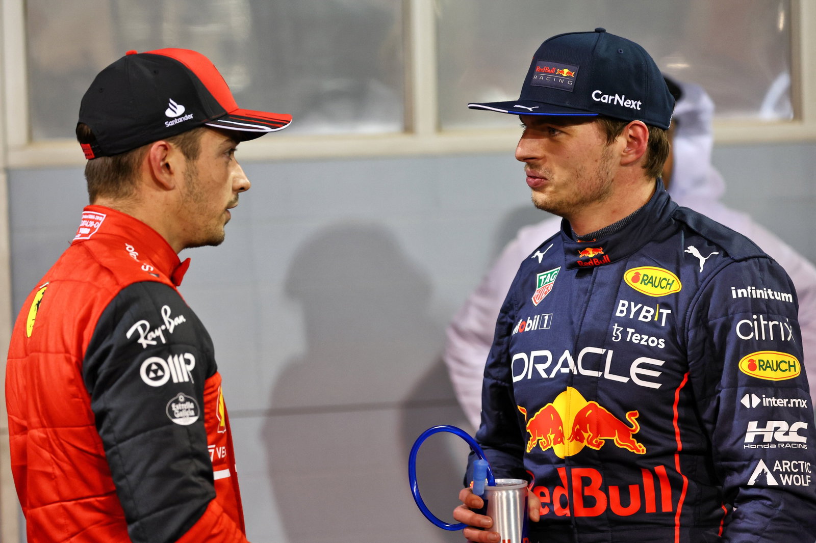 (L to R): Pole sitter Charles Leclerc (MON) Ferrari with Max Verstappen (NLD) Red Bull Racing in qualifying parc ferme.