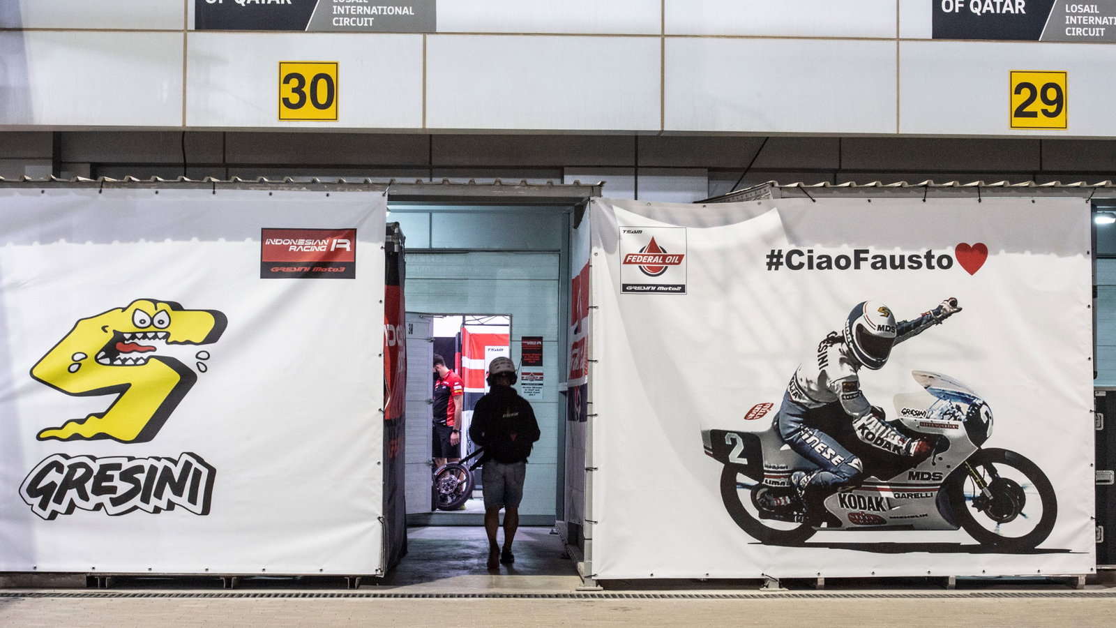 Fausto Gresini banner outside the pit box, MotoGP, Qatar MotoGP 26 March 2021