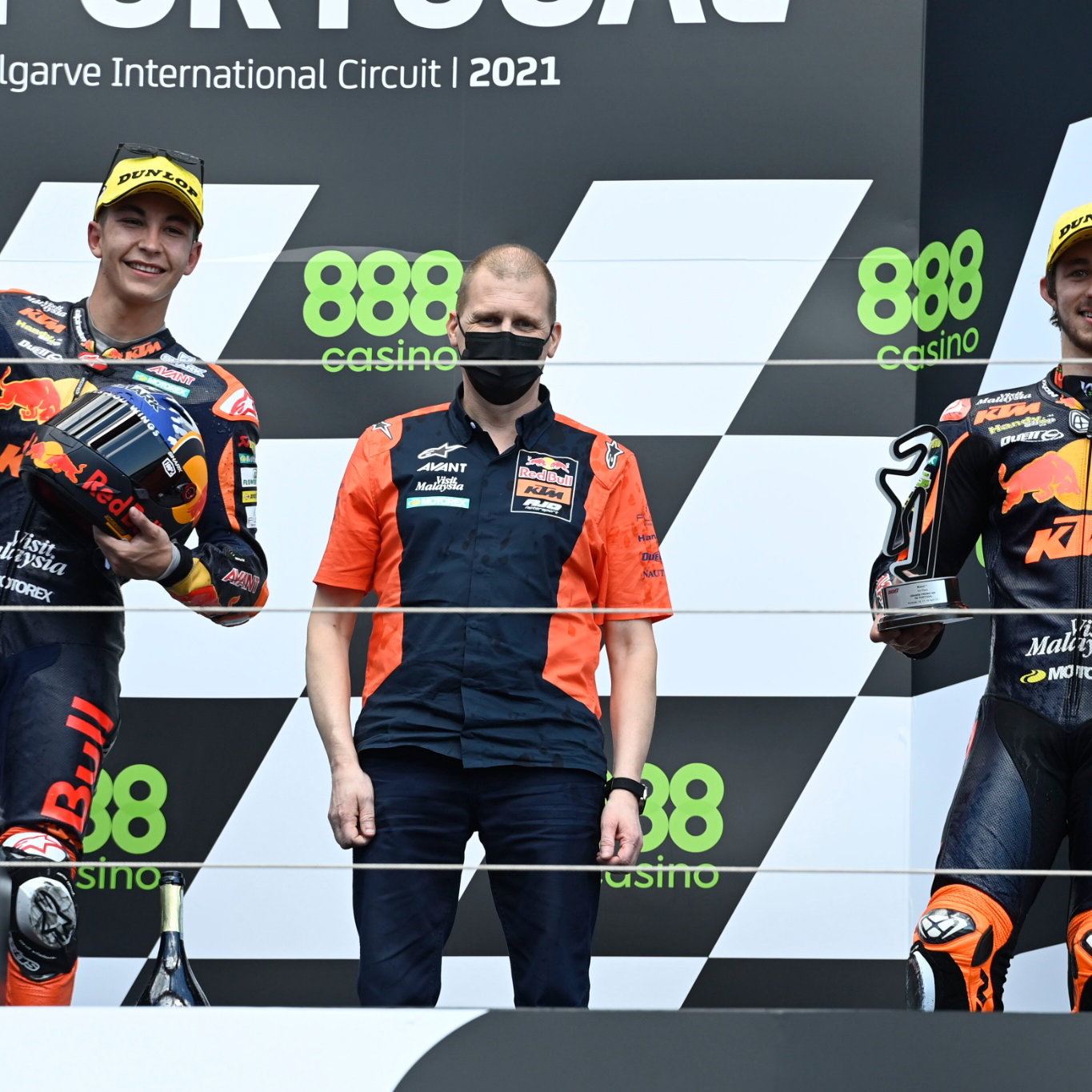 Raul Fernandez, Remy Gardner podium, Moto2 race, Portuguese MotoGP, 18 April 2021