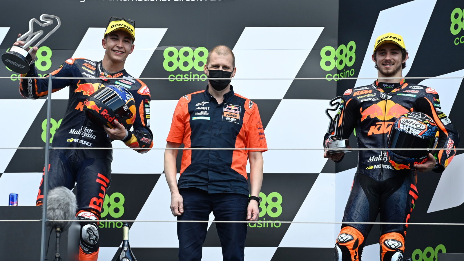 Raul Fernandez, Remy Gardner podium, Moto2 race, Portuguese MotoGP, 18 April 2021